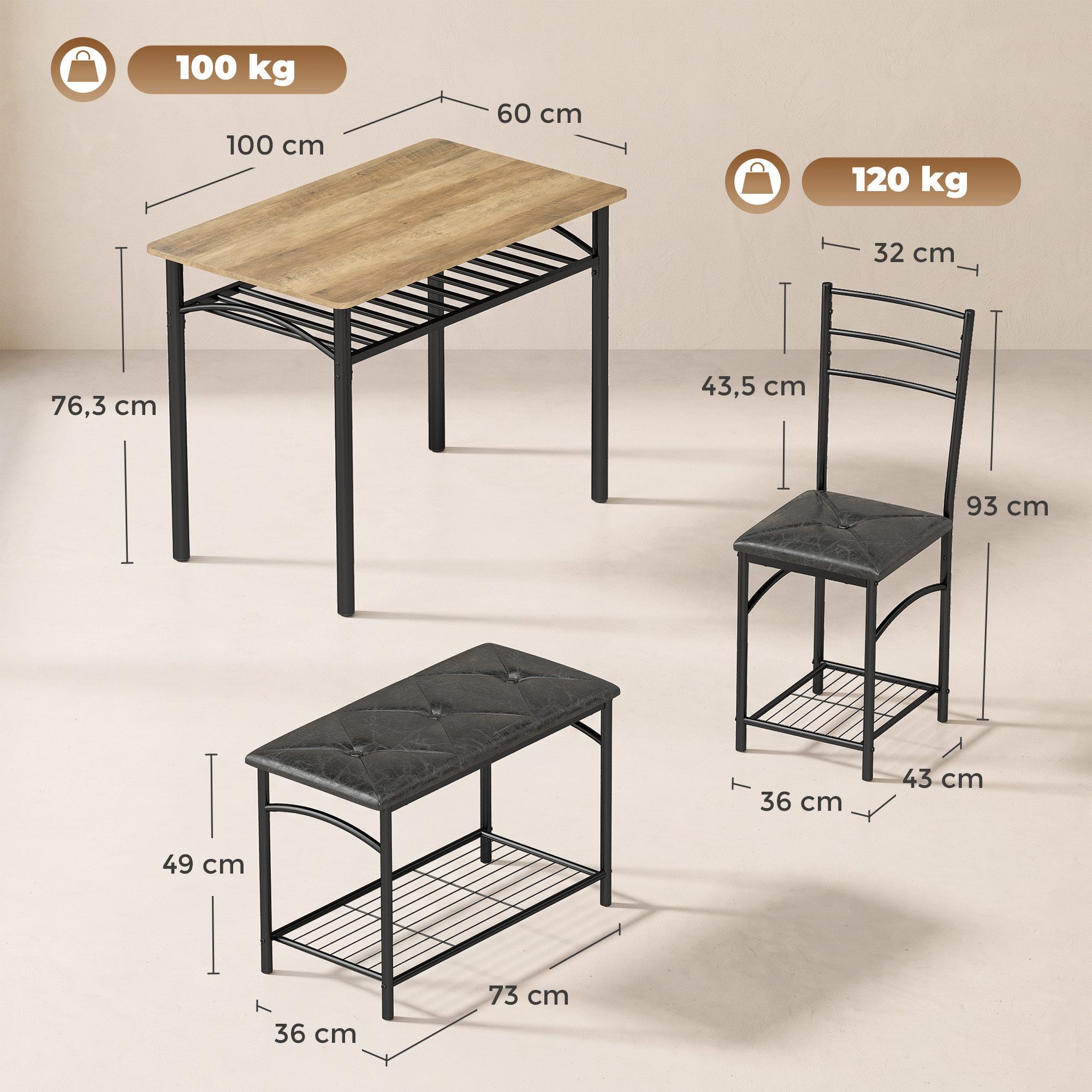 HOMCOM Essgruppe Esstisch-Set für kleine Räume, (Set, 4-tlg., 1 Tisch, 2 Stühle, 1 Bank), Platzsparend mit Ablage und Stauraum – Bild 3 von 5