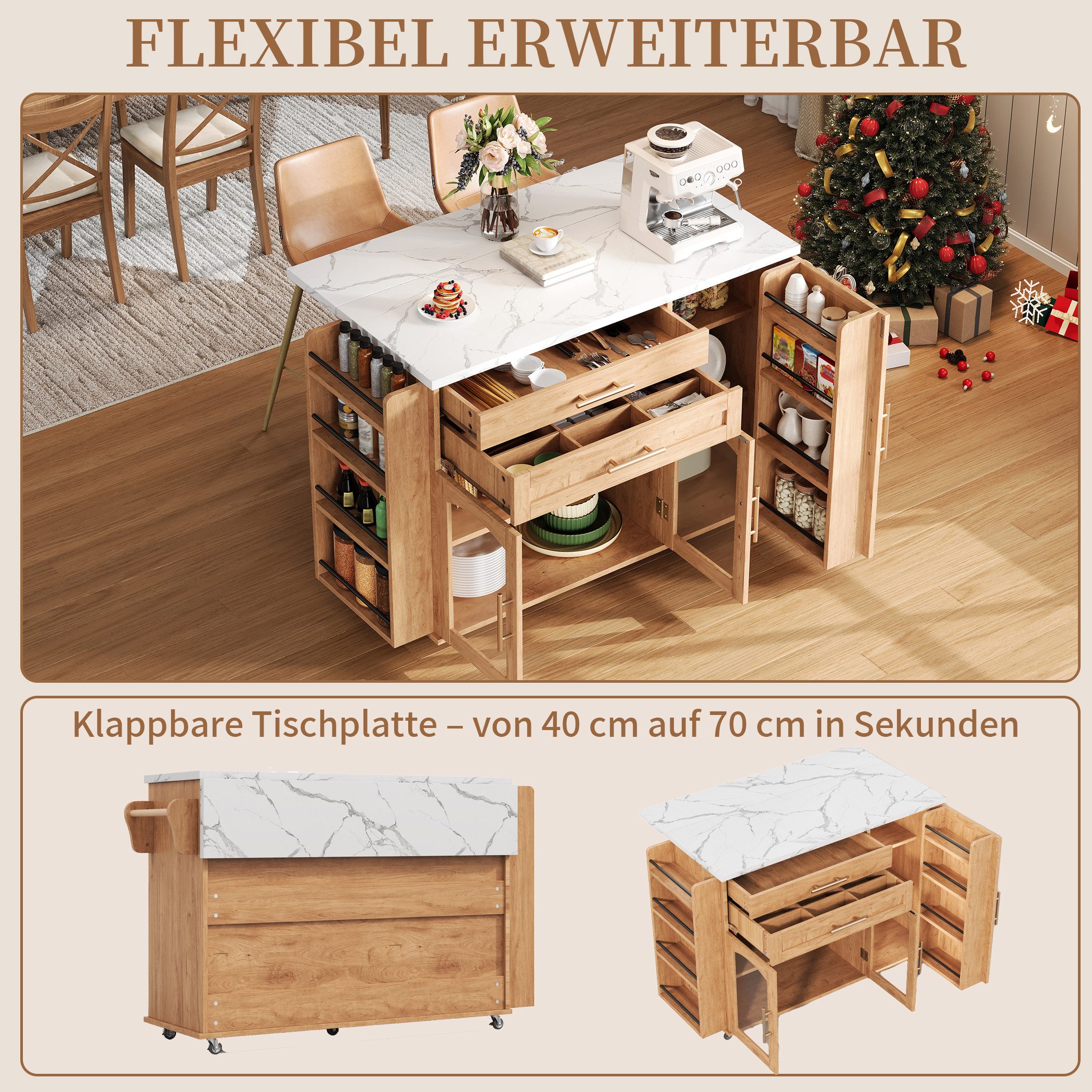 SeedWave Kücheninsel auf Rollen, Küchenwagen 120cm mit Klappbarer Tischplatte, 2 Glastüren, inkl.Besteckschublade, höhenverstellbare Staufächer, Handtuchhalter