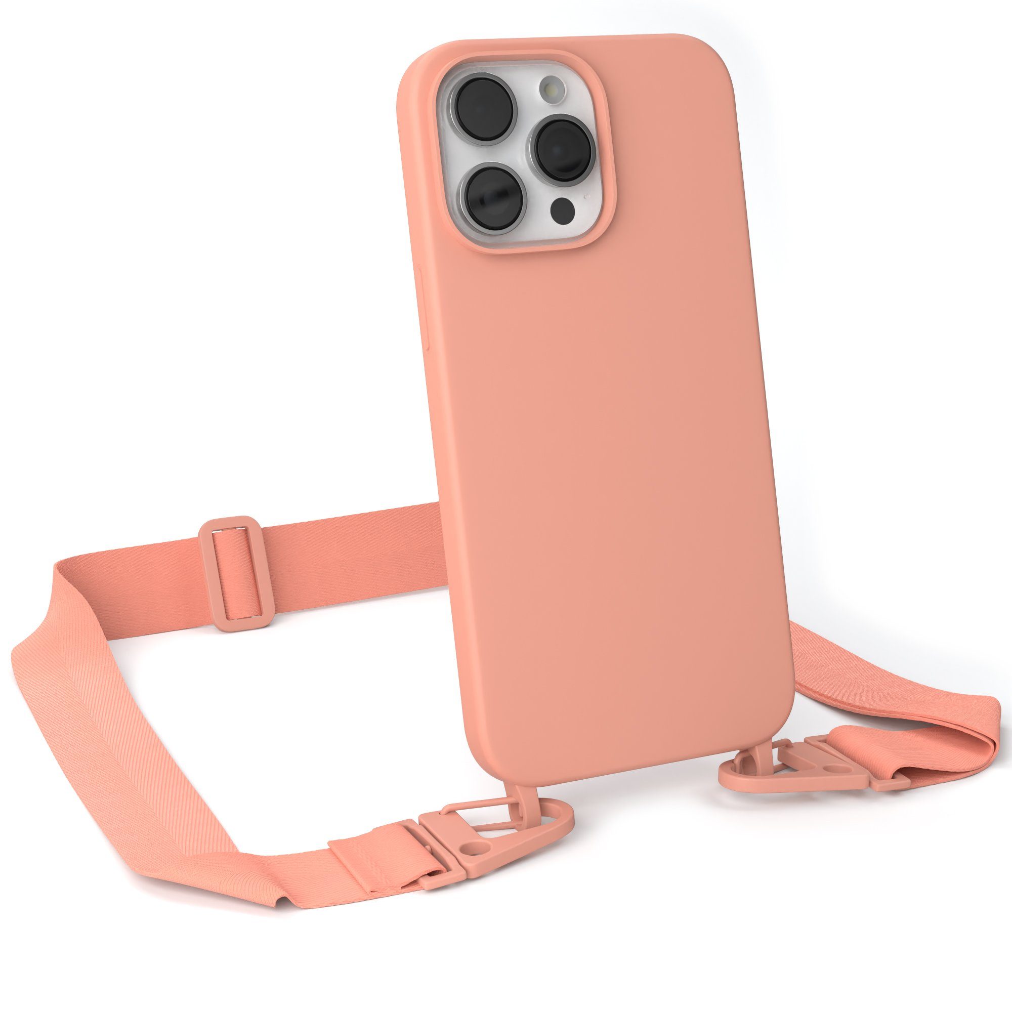 EAZY CASE Handykette Karabiner Breitband für Apple iPhone 14 Pro Max 6,7 Zoll, Silicon Handyhülle mit breiter Kette Carabiner Necklace Altrosa Coral