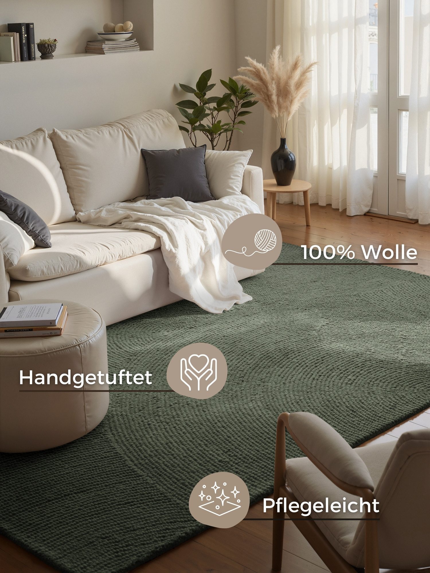 HANSE Home Wollteppich Calmio, auch als Läufer und in rund, rechteckig, Höhe: 18 mm, Handgetuftet, Wolle, Natur, Wohnzimmer, Schlafzimmer, Skandi, Hygge
