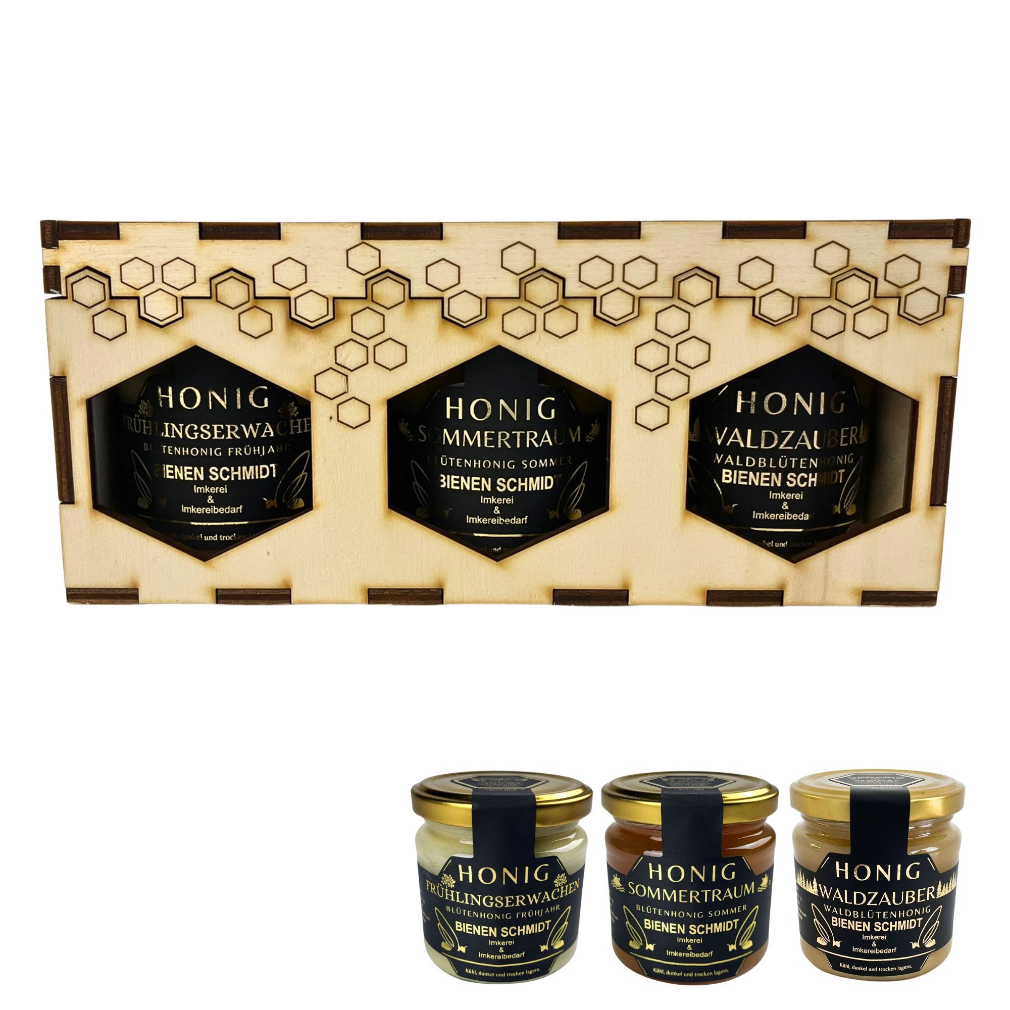 BIENEN SCHMIDT Honig 3er Holzgeschenkset mit 250g Honiggläsern in 3 Sorten, (Spar-Set), inkl. Gravur "frohe Weihnachten"