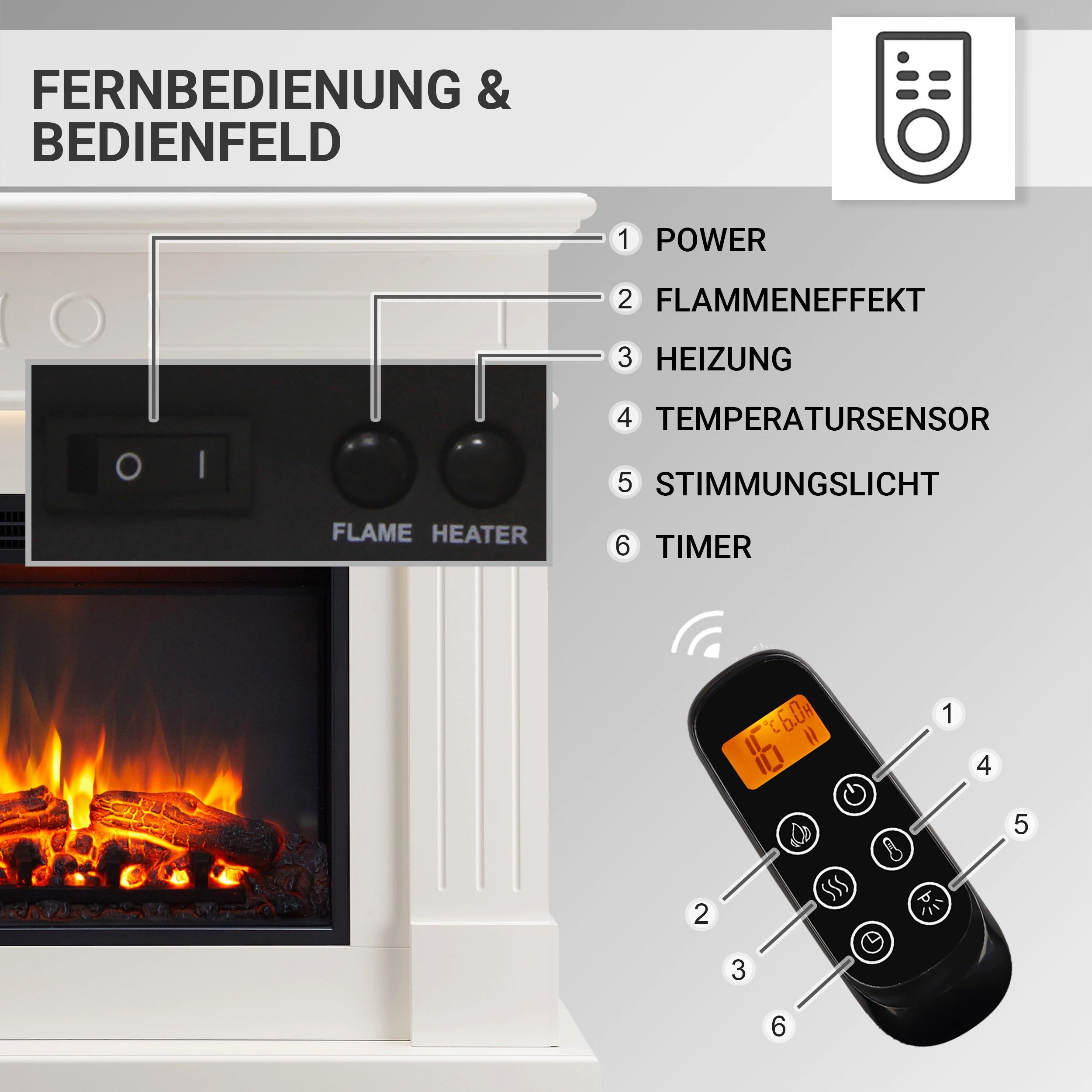 Balderia Elektrokamin Leandros Standkamin mit Heizung 2000 W, weiß, Standkamin mit Heizung 2 kW, LED-Flamme, Fernbedienung, Weiß – Bild 4 von 5