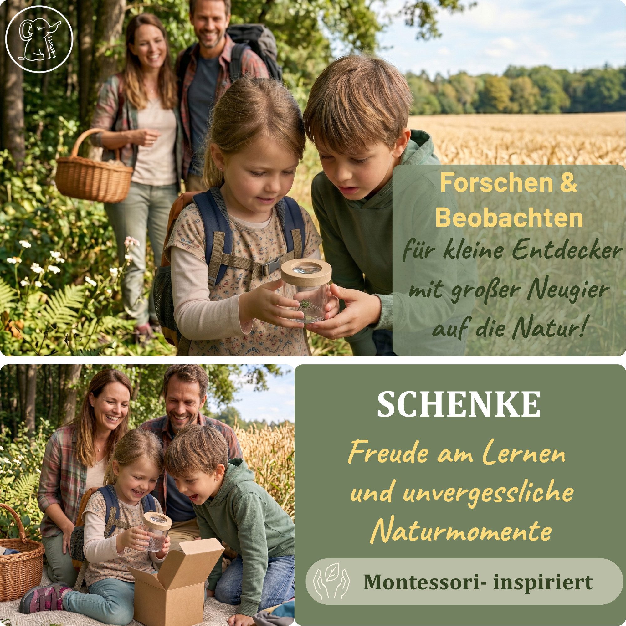 Eli Becherlupe für Kinder - Entdecker Set - Naturforscher-Set ab 3 Jahren, - Kinderlupe - Lupenglas Outdoor, Geschenk für Jungen und Mädchen, Beobachtungsbecher für Insekten & Pflanzen