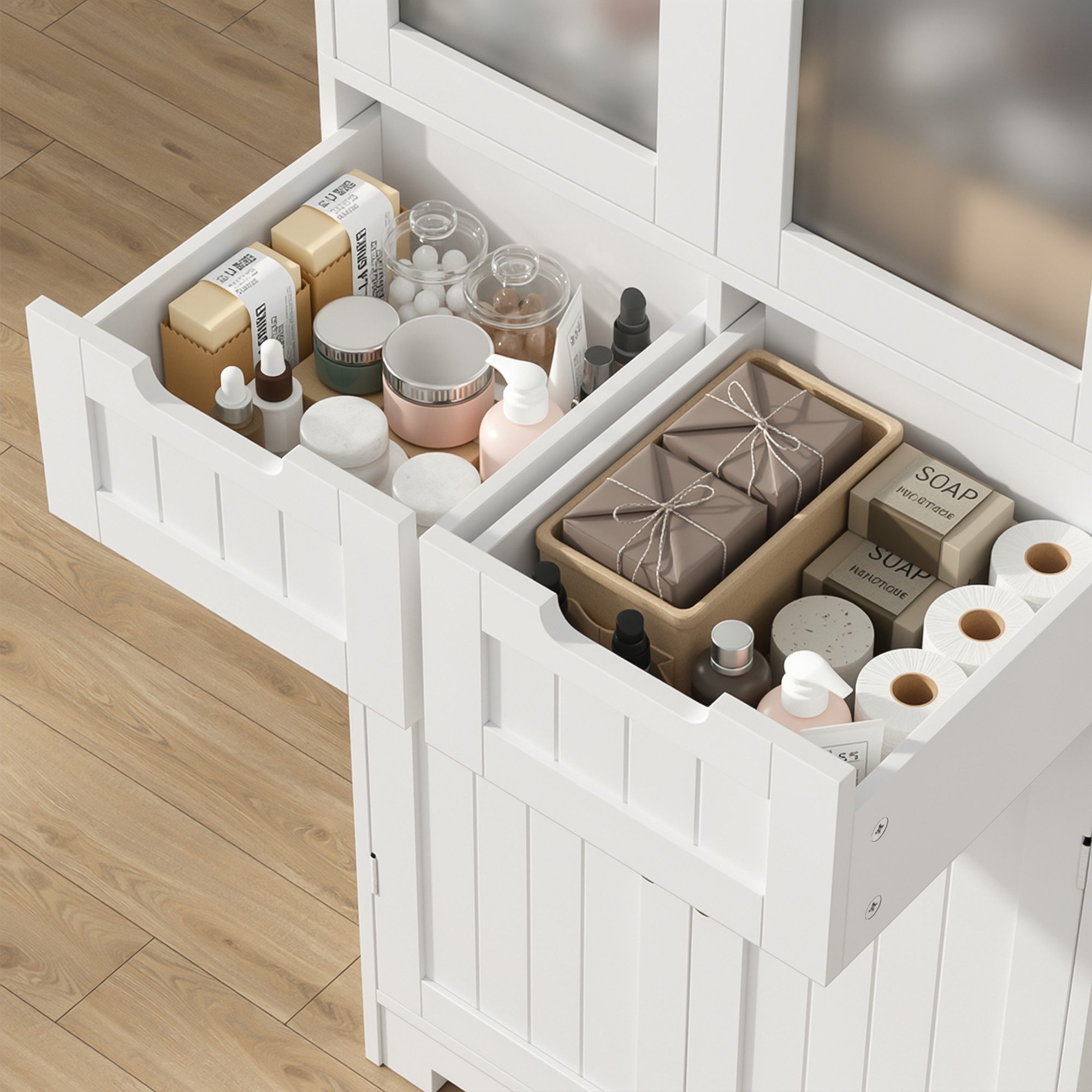 HOMECHO Hochschrank Badschrank mit 4 Türen 2 Schubladen für Küche, Bad, Weiß