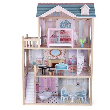 TikTakToo Puppenhaus Puppenstube Traum Villa Set aus Holz, (komplett eingerichtet, mit Balkon Terrasse, 12-tlg., mit 11-teiliges Möbel- und Zubehör-Set), aus MDF-Holz, für Puppen bis 29 cm geeignet