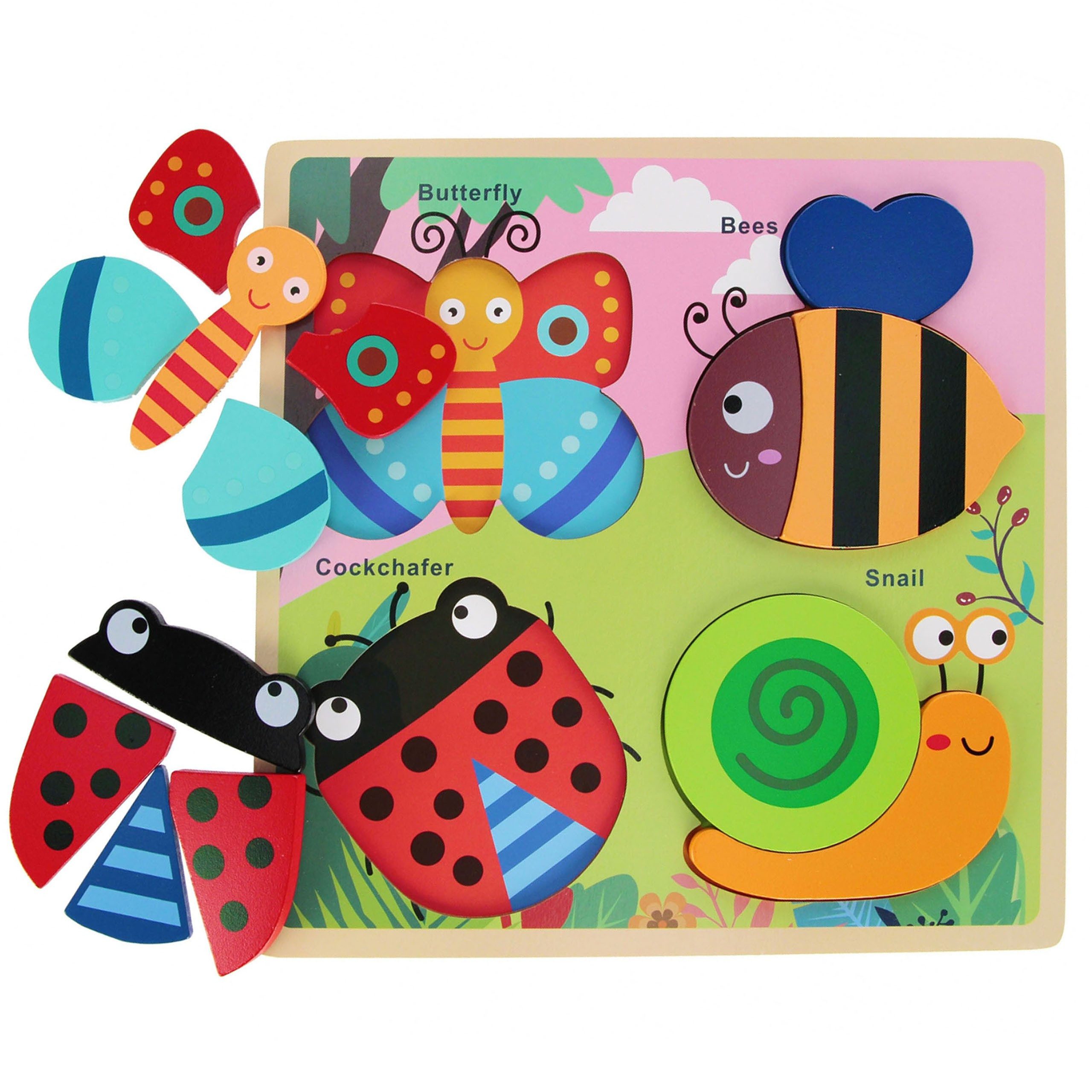 BAM BAM Puzzle HOLZ Lernpuzzle Kinder, Tiere im Garten, großes Puzzle, 8m+, BamBam, Puzzleteile