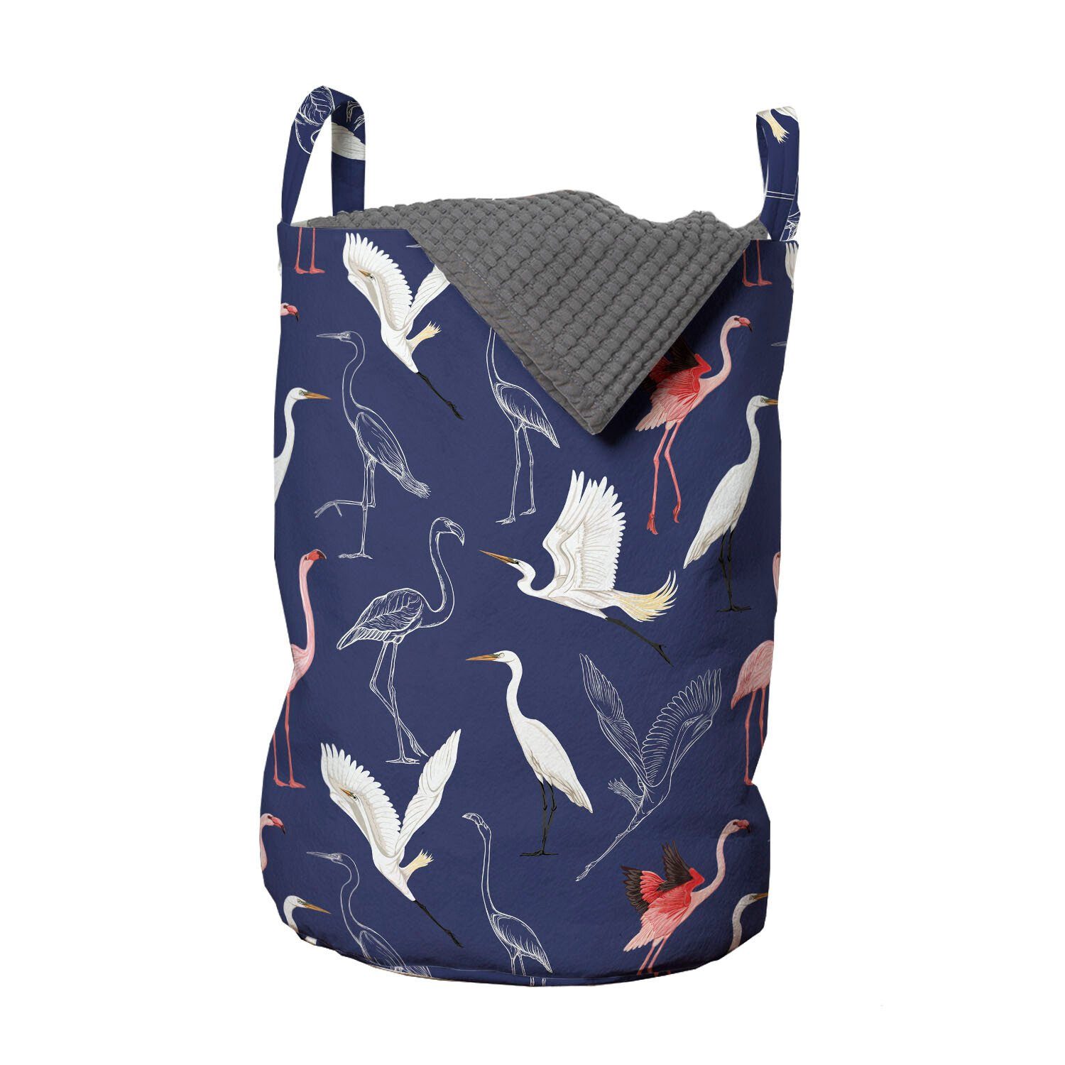 Abakuhaus Wäschesäckchen Wäschekorb mit Griffen Kordelzugverschluss für Waschsalons, Navy blau Flamingo Heron Pattern