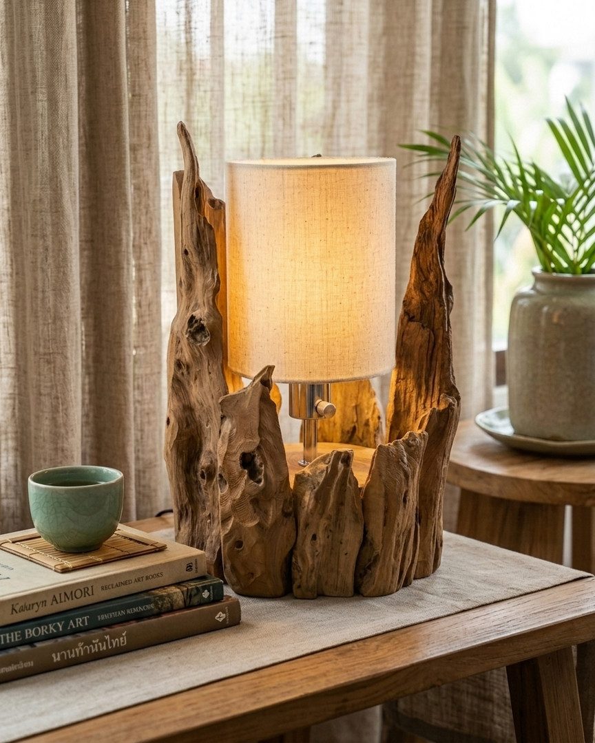 Kinaree Tischleuchte Treibholz-Tischlampe HANALEI, Wurzelholz mit Schirm, Thailand, ohne Leuchtmittel