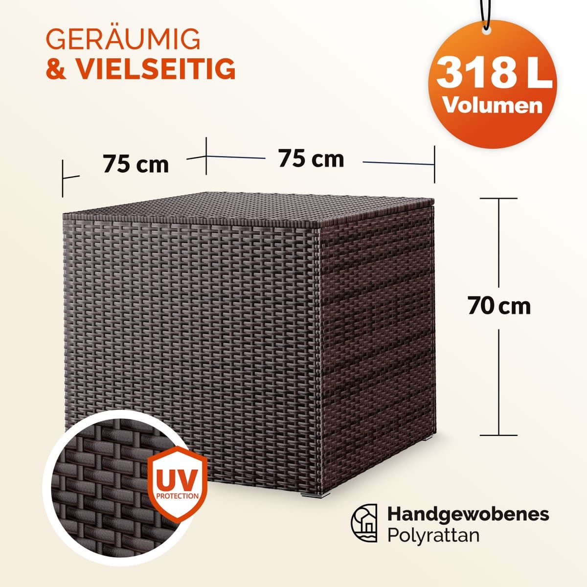 Casaria Auflagenbox, 318 L mit Deckel 75x75x70cm Wasserdicht Gasdruckfeder Garten