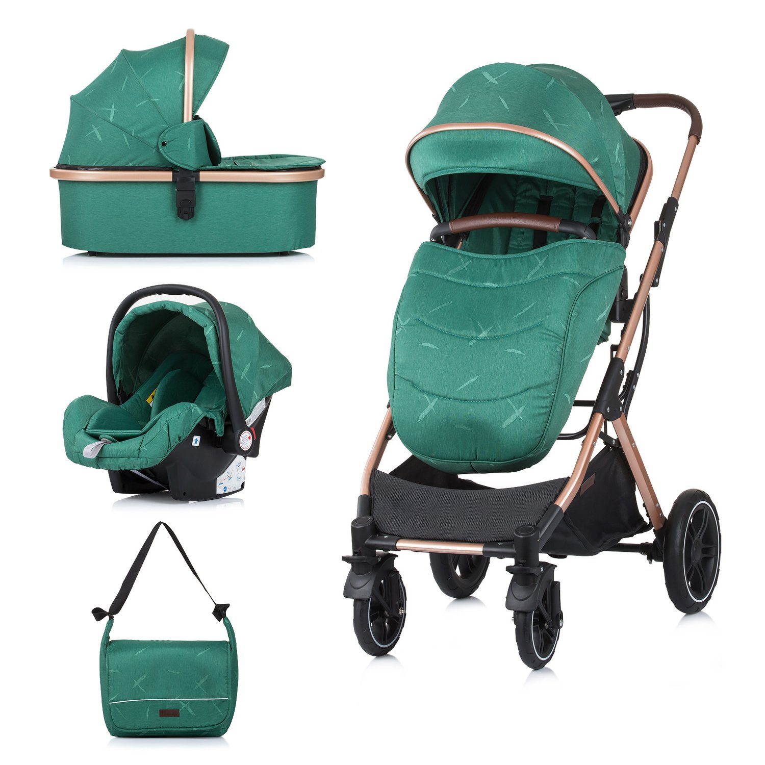 Chipolino Kombi-Kinderwagen Kinderwagen Zara 3 in 1, Babyschale, Babywanne, Matratze, Tasche, Korb grün