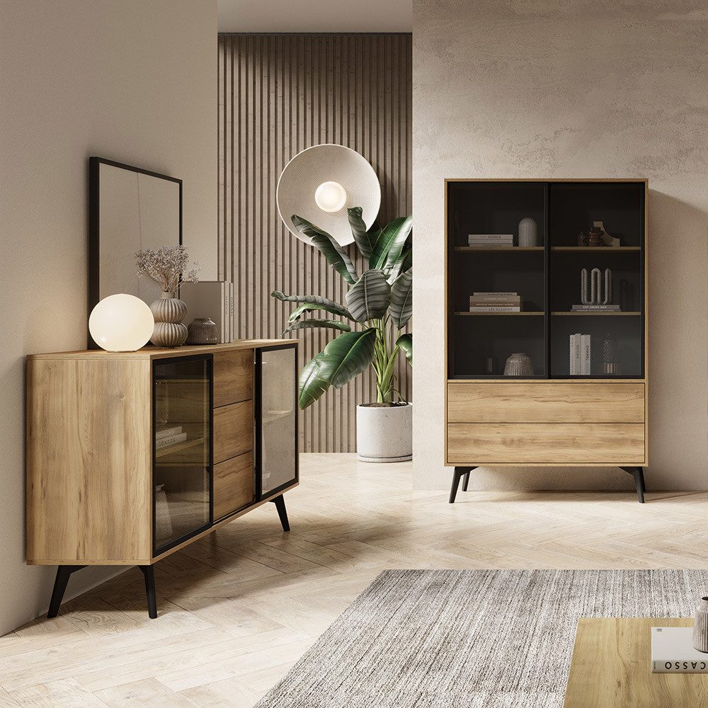 Lomadox Wohnzimmer-Set SIRACUSA-160, (Mega-Spar-Set, 2-St., Vitrine Kommode), Wohnwand in Eiche mit Sideboard und Vitrinenschrank