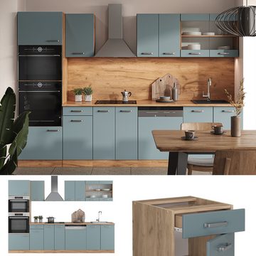 Livinity® Küchenzeile R-Line, Blau-Grau/Goldkraft Eiche, 300 cm mit Hochschrank, AP Anthr...