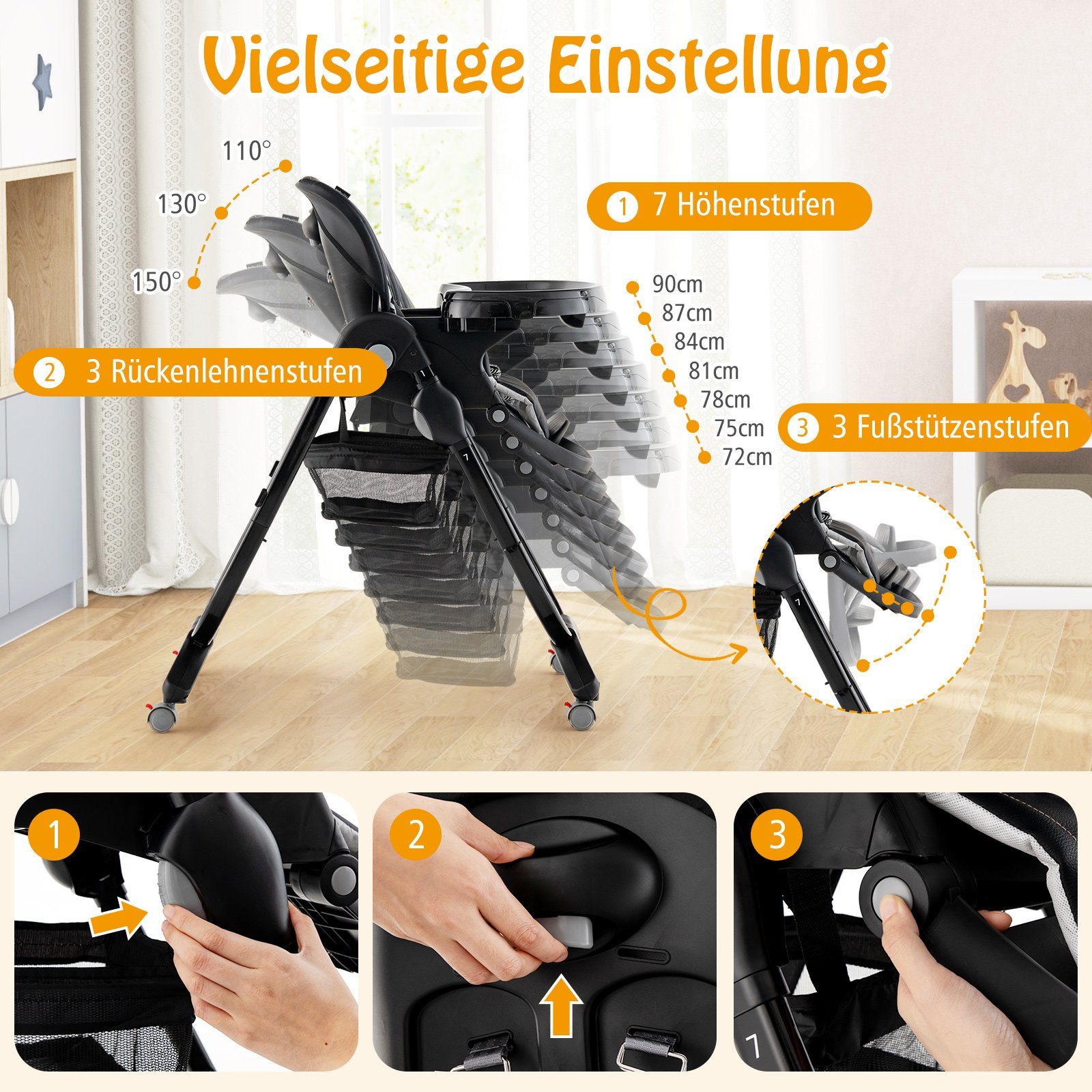 COSTWAY Hochstuhl Babystuhl, klappbar, verstellbar, mit Liegefunktion & Rädern