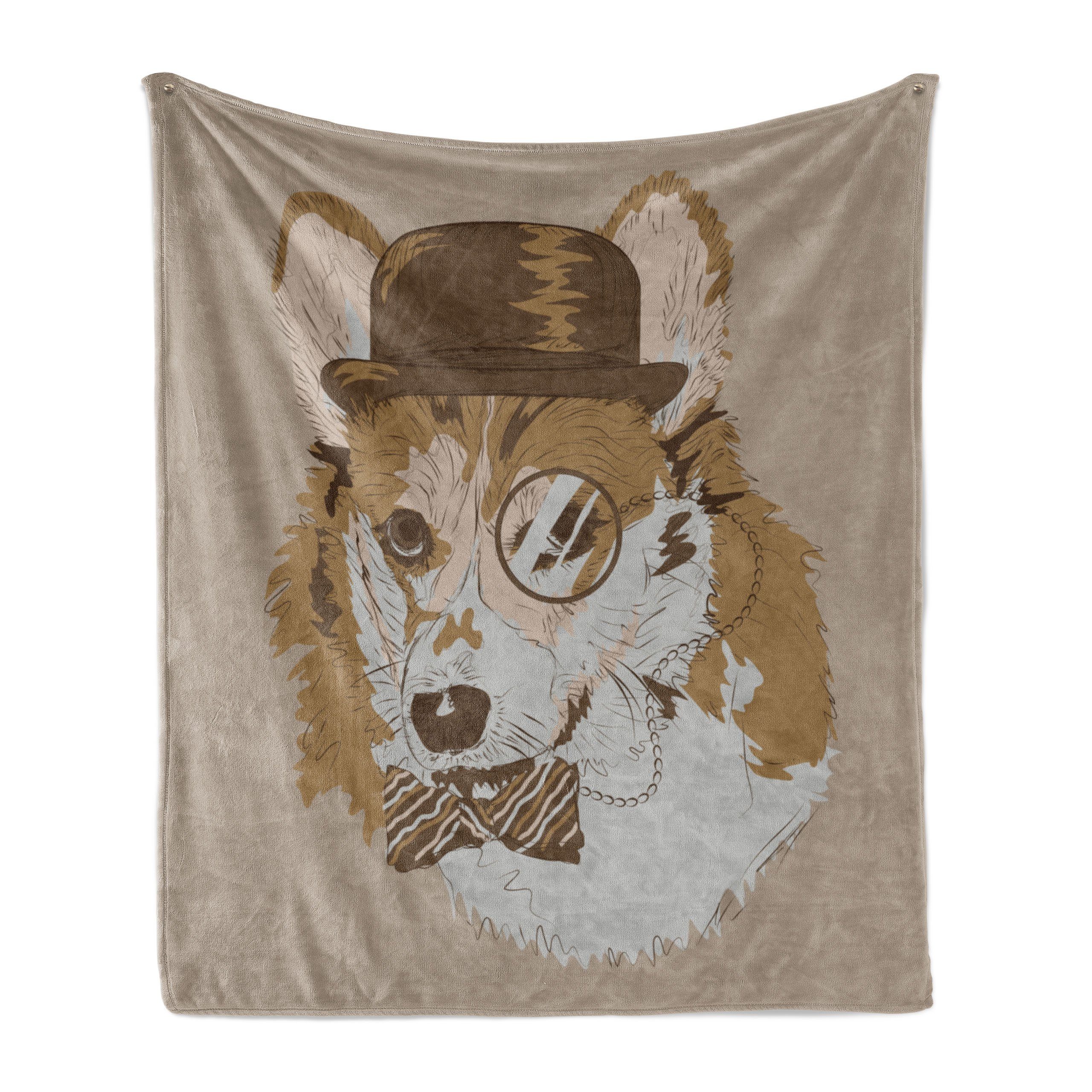 Wohndecke Gemütlicher Plüsch für den Innen- und Außenbereich, Abakuhaus, Hundeliebhaber Lustiger Corgi Hat Monocle