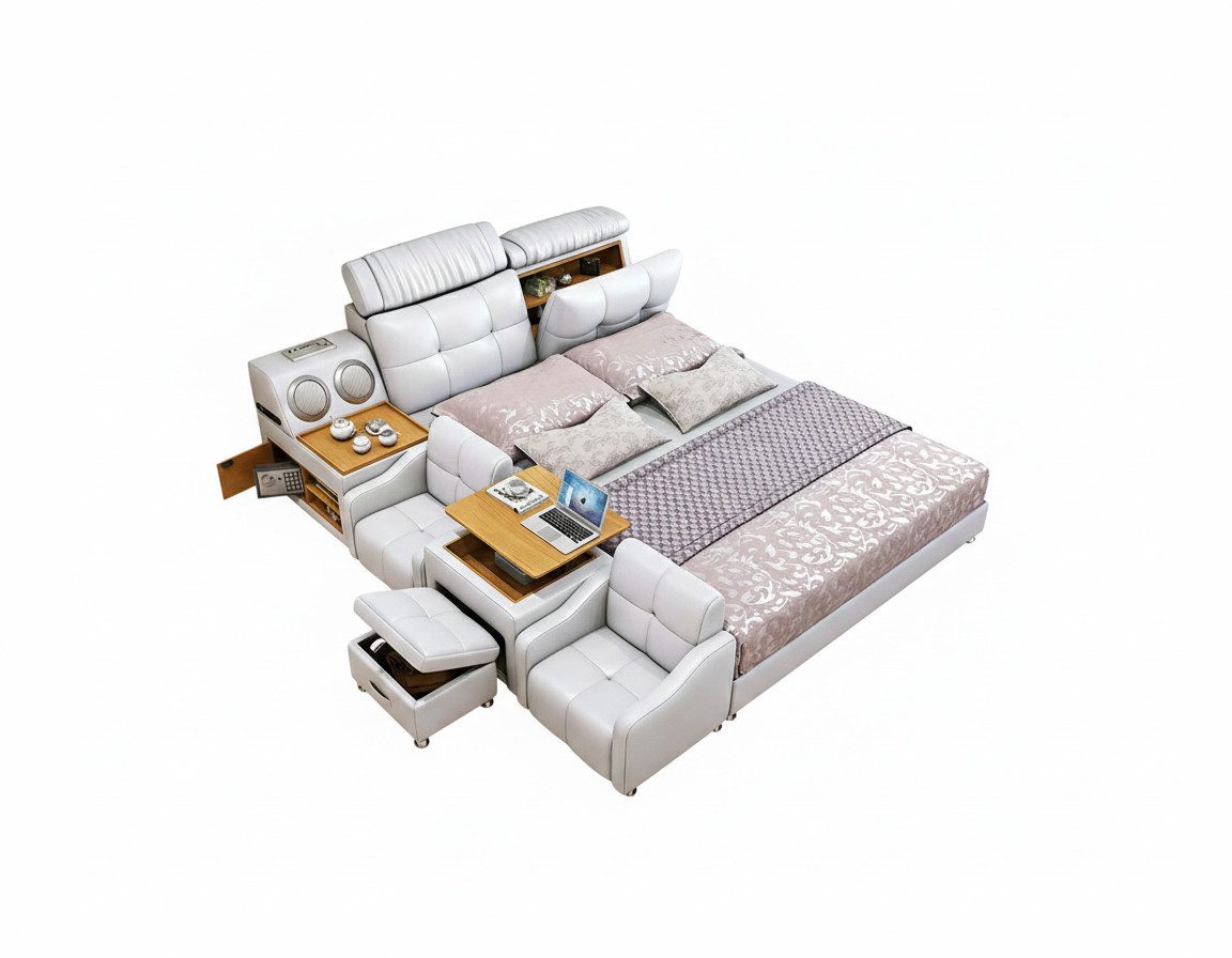JVmoebel Multimediabett Multifunktionales Bett Moderner Stil Weiße Farbe Holzrahmen Weich (2-tlg)