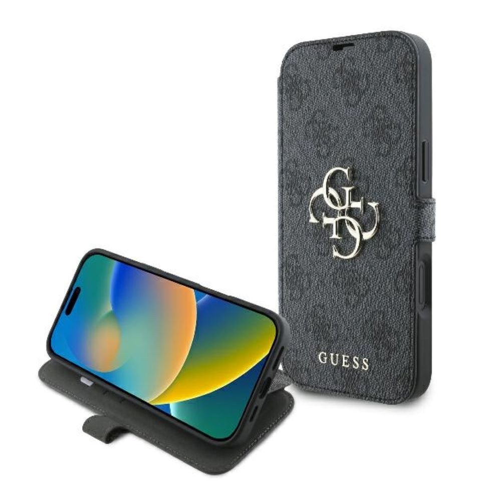 Guess Handyhülle Bookcase iPhone 16 Plus grau Logo goldfarben aufstellbar 6,7 Zoll, Kantenschutz