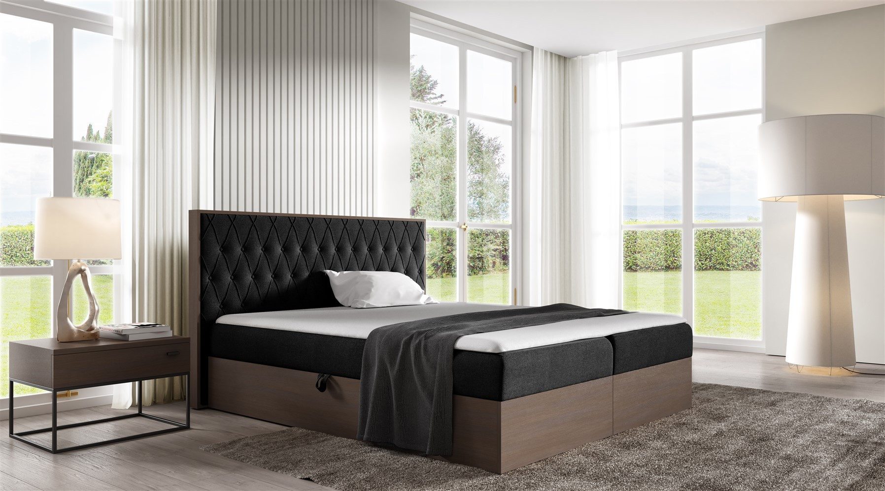 Boxbett Schlafzimmerbett BROMIA in Stoff u. Dunkle-Eiche-Optik