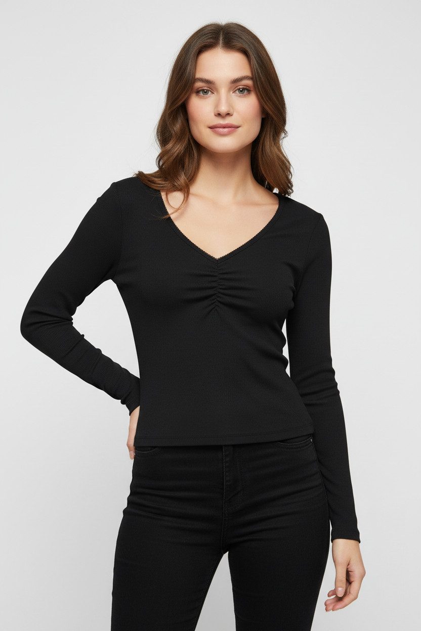 ONLY Langarmshirt ONLBETTY LIFE L/S SCALLOP V-NECK CC JRS mit Raffung am Au günstig online kaufen