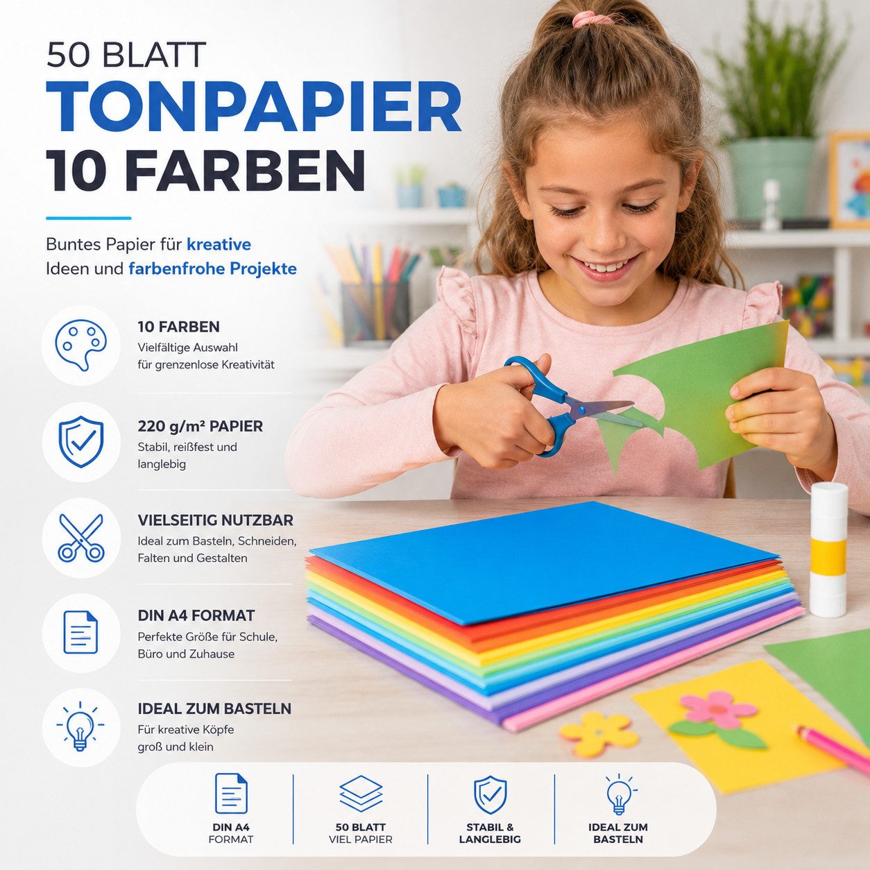 DIYtastic Bastelkartonpapier 50 Blatt bunter Tonkarton DIN A4, 220 g/m², beidseitig farbig – Bild 2 von 5