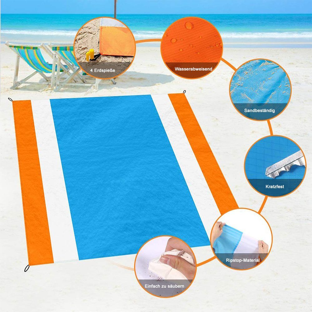 Picknickdecke Stranddecke Orange-White-Blue Picknickdecke200x210cm, Wasserdicht zggzerg Decke, Outdoor Sandfrei