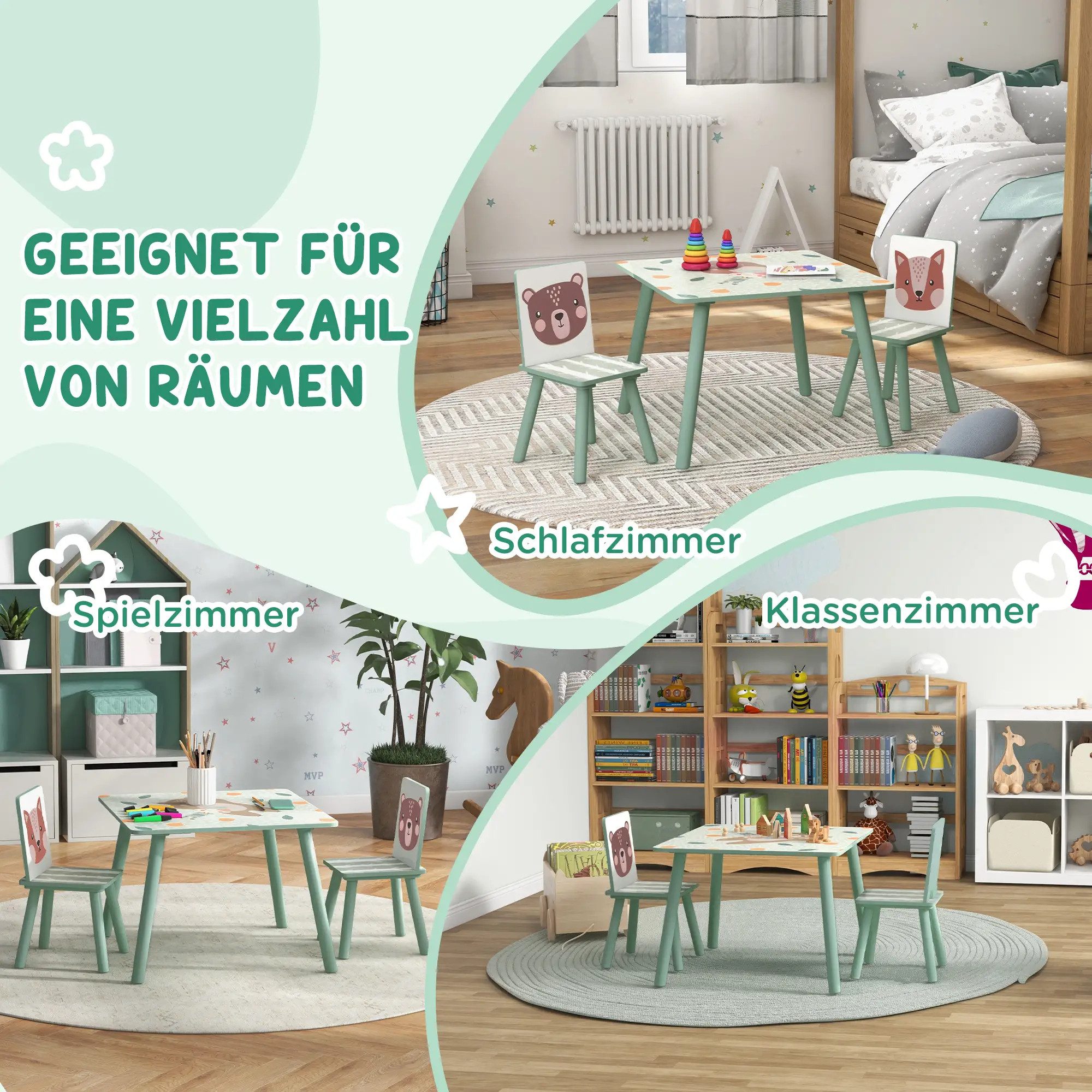 BlingBin Kindertisch Sitzgruppe (1-St., mit 1 Tisch und 2 Stühle), niedliches Tiermotiv,für Kinder 3-8 Jahre,Grün
