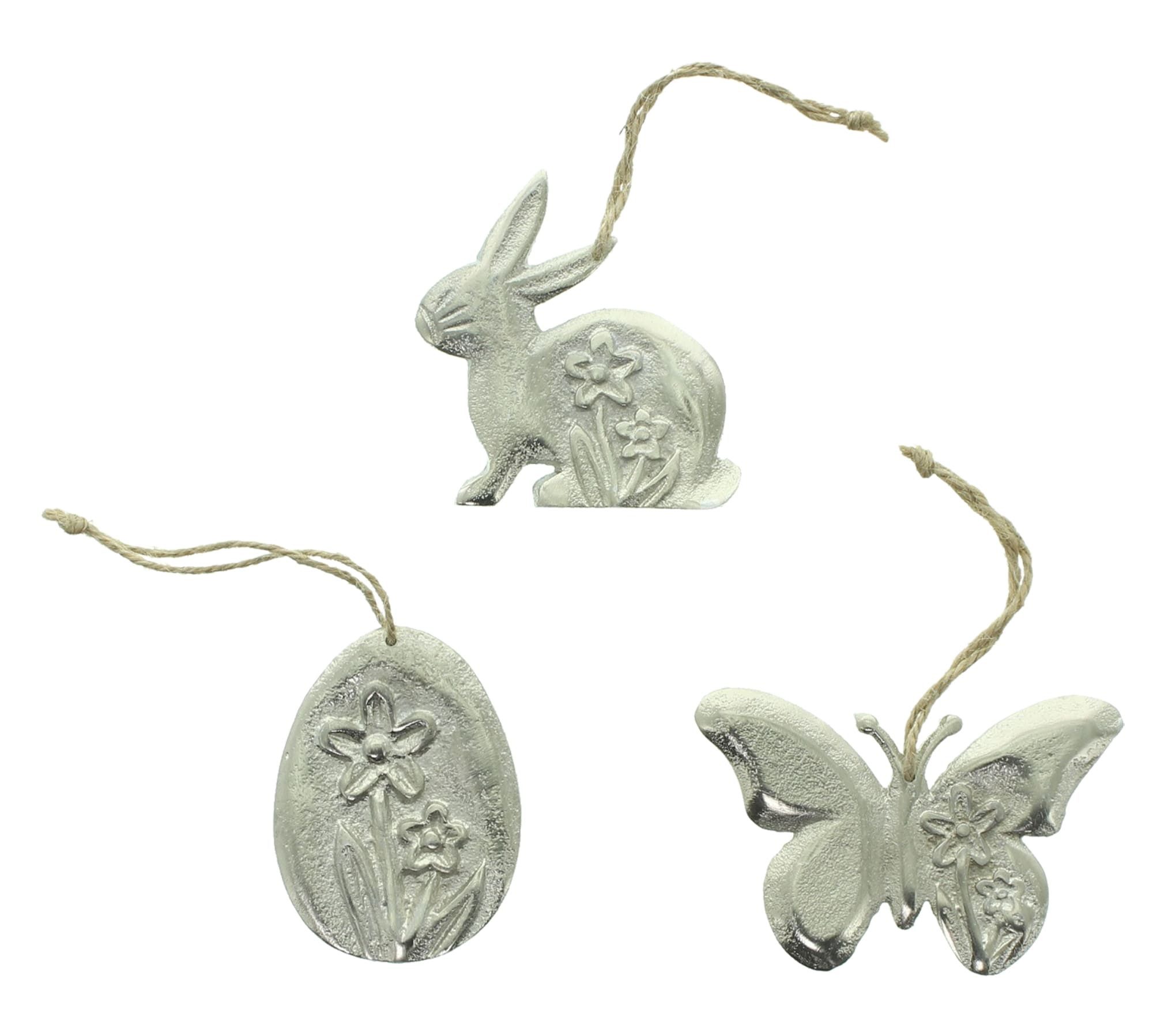 Dekoleidenschaft Hängedekoration "Ostern" Aluminium, Dekohänger Hängedeko Frühling & Ostern, Osterdeko (6 St., im Set), silber mit Antik Finish, Osterstrauch