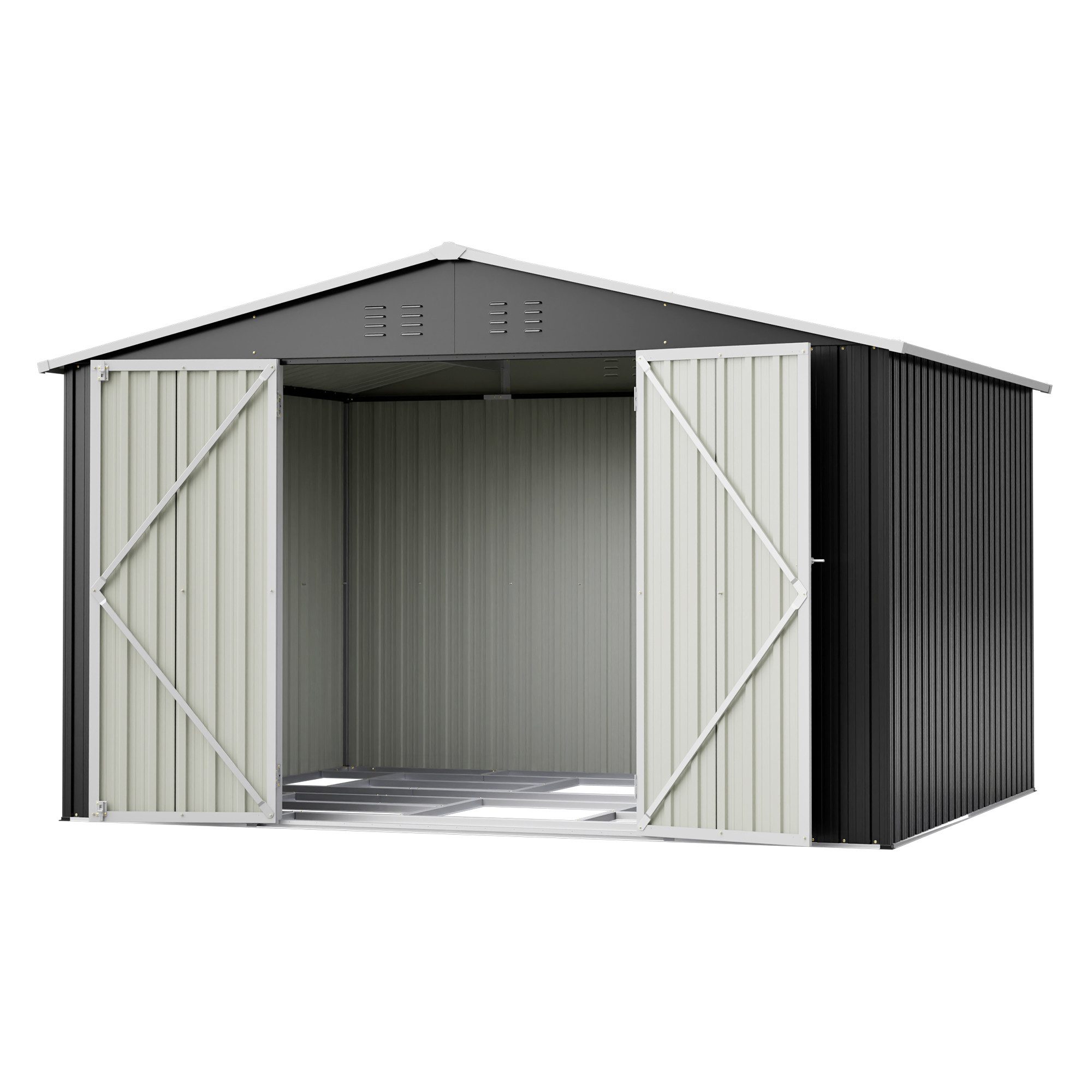 Yoimoimo Gartenhaus XL Metall-Gartenhaus 3,0x2,5x1,9 m mit Satteldach – Grau/Schwarz, BxT: 289x239 cm