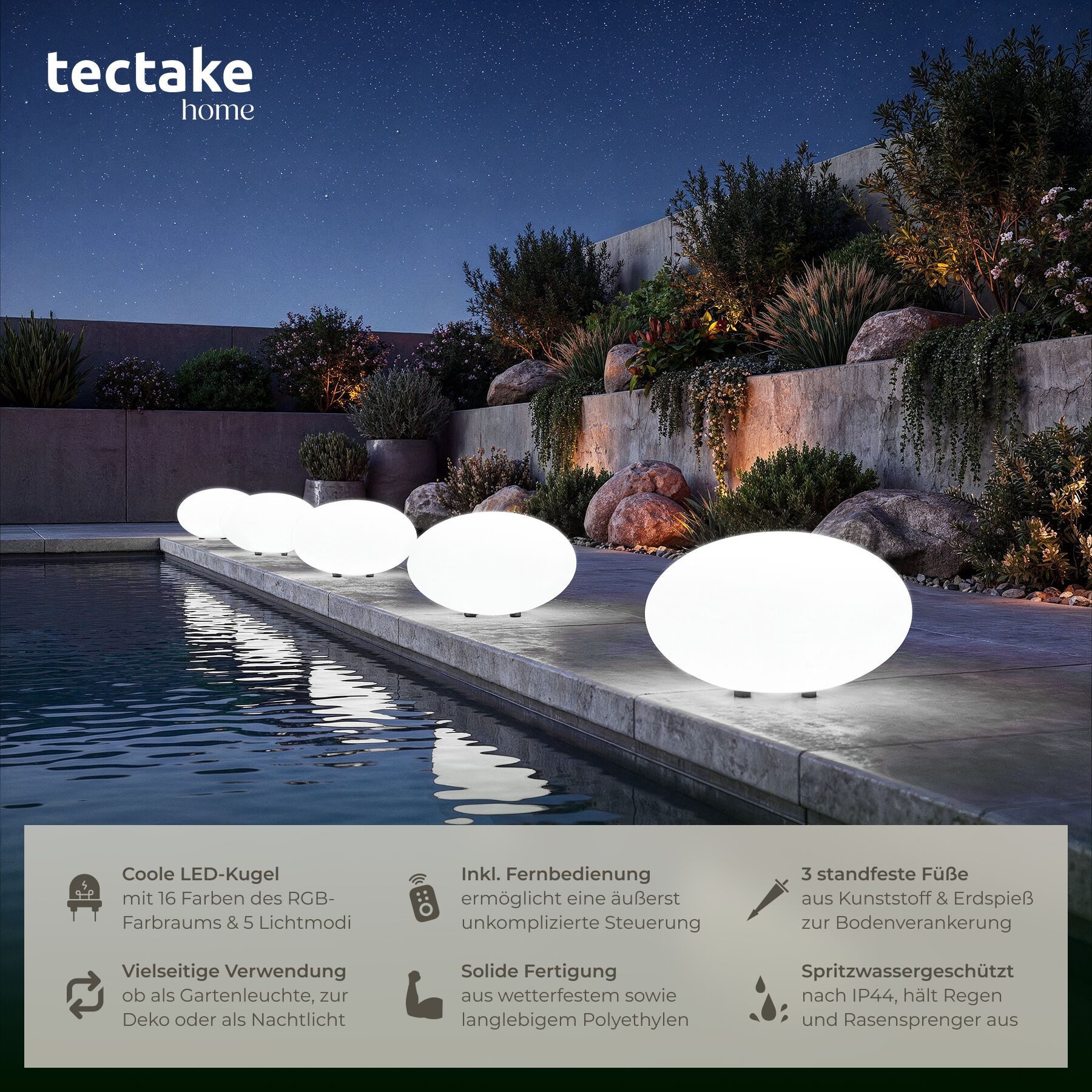 tectake LED Gartenleuchte Kugelleuchte Luminous Eye, LED, mit Fernbedienung, LED, Bunt, Stylische LED-Kugel mit 3 Standfüßen und indirekter Beleuchtung