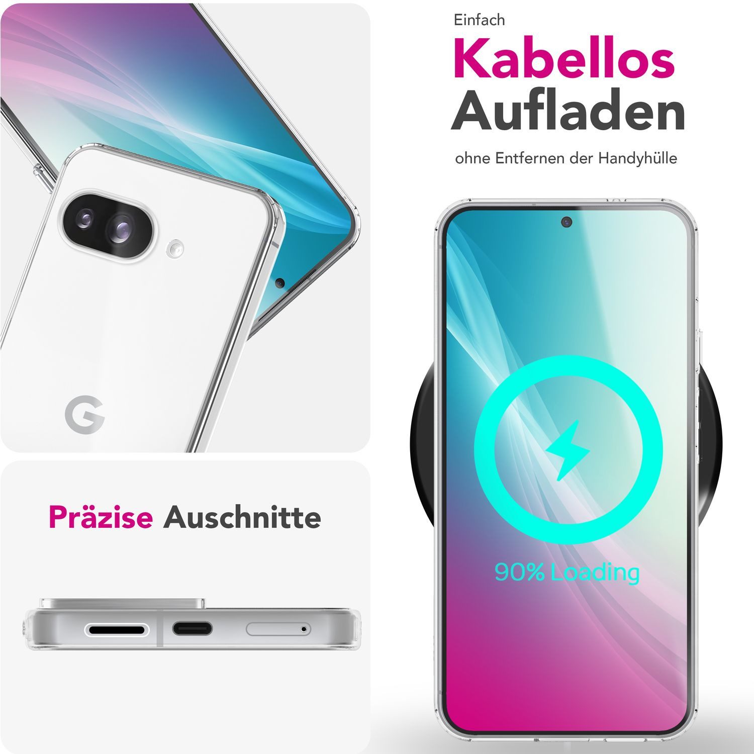 Nalia Smartphone-Hülle Google Pixel 9a 16 cm (6,3 Zoll), GLAZE Case - Transparentes Silikon, Anti-Watermark & Schlank