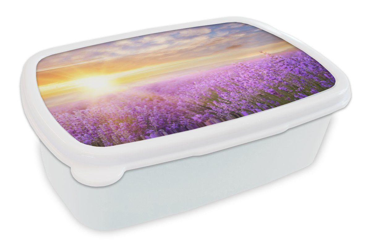 MuchoWow Lunchbox Lavendel - Sonne - Himmel - Natur, Kunststoff, (2-tlg), Brotbox für Kinder und Erwachsene, Brotdose, für Jungs und Mädchen weiß