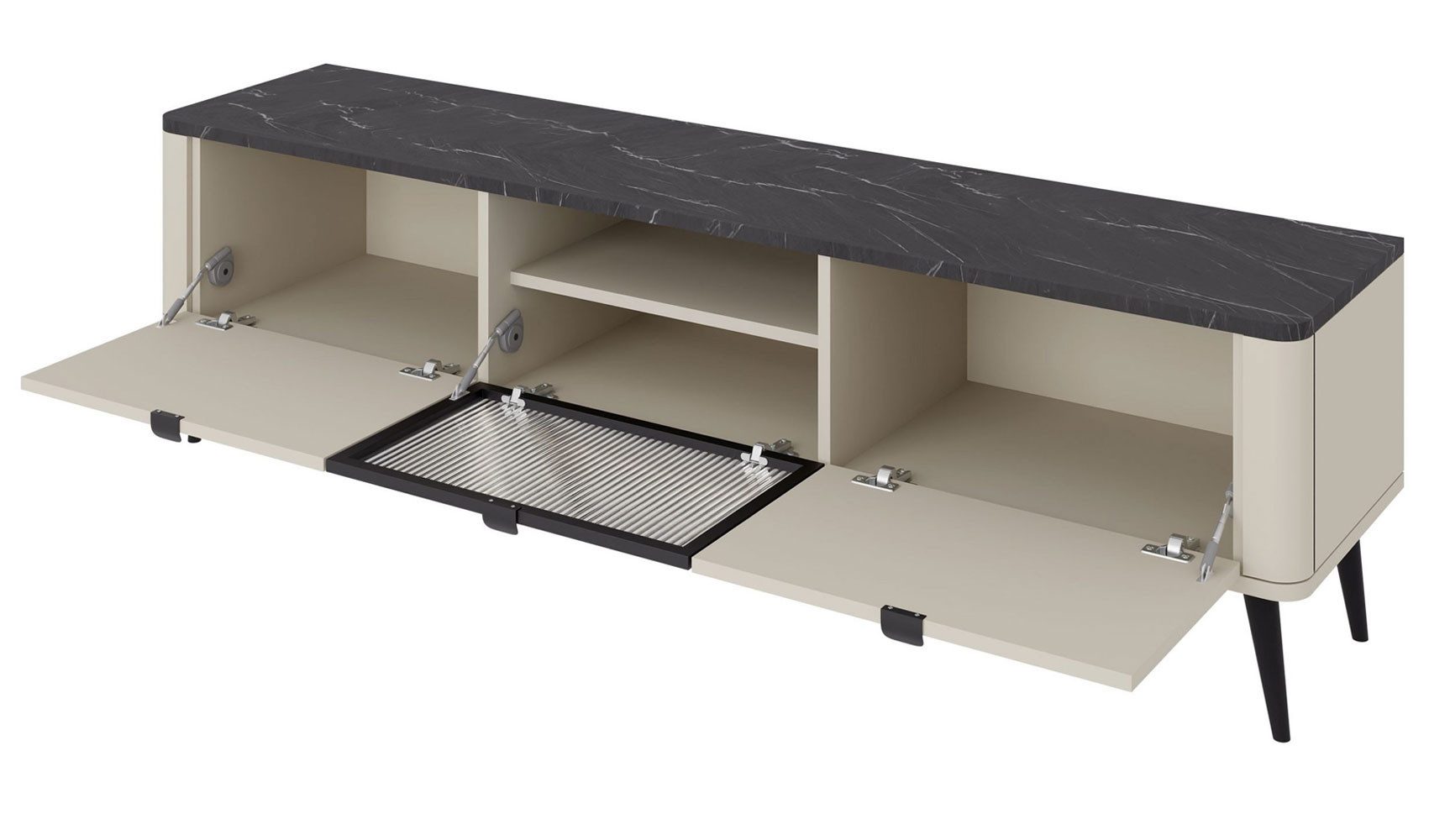 Feldmann-Wohnen Lowboard Marly (mit 1 Glastür, 2 Holztür, 3 Einlegeböden, 1 St., moderne Optik, abgerundeter Korpus, Zugengriffe aus Metall), 160x40x52cm Kaschmir / Graustein