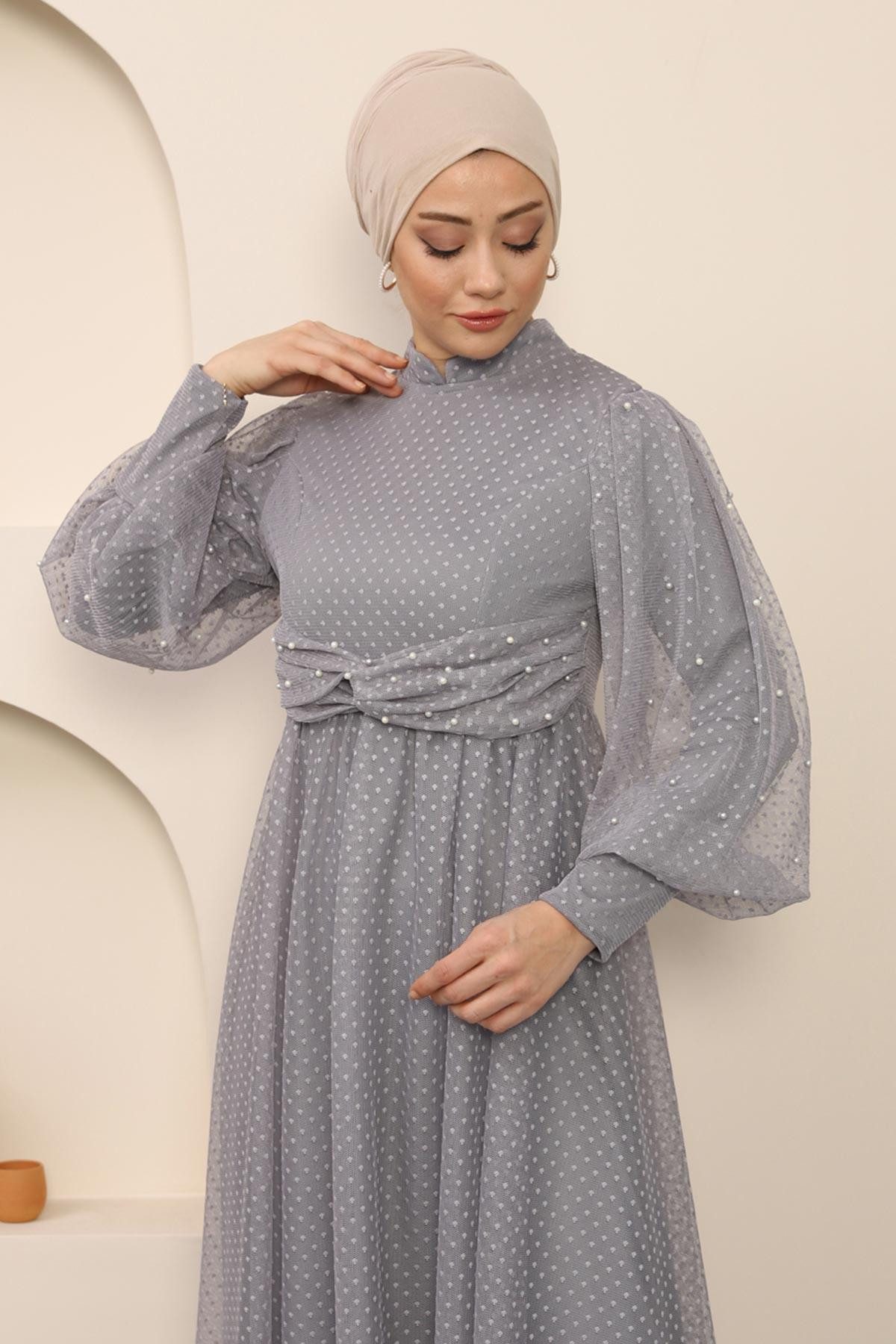 MODAMİHRAM Abendkleid Perlenbesetztes Tüll-Abendkleid Grau MSW12238-5