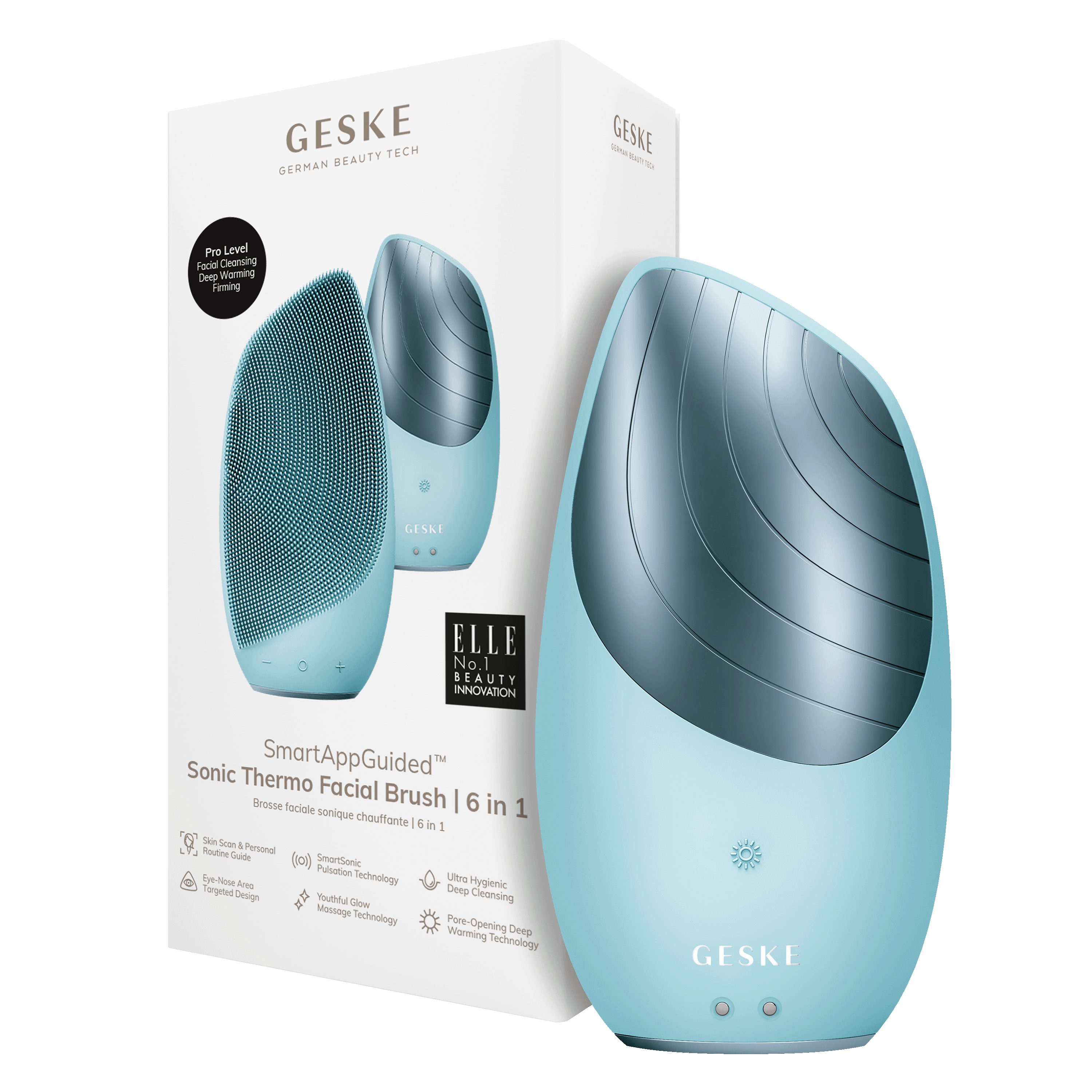 GESKE German Beauty Tech Elektrische Gesichtsreinigungsbürste SmartAppGuided™ Sonic Thermo Facial Brush 6 in 1, Packung (Gerät & USB-Ladekabel), 2-tlg., Gerät inkl. kostenloser APP (SmartAppGuided Device), Anti-Aging Massage-, SmartSonic Pulsation- & Tiefen-Wärme-Technologie Turquoise