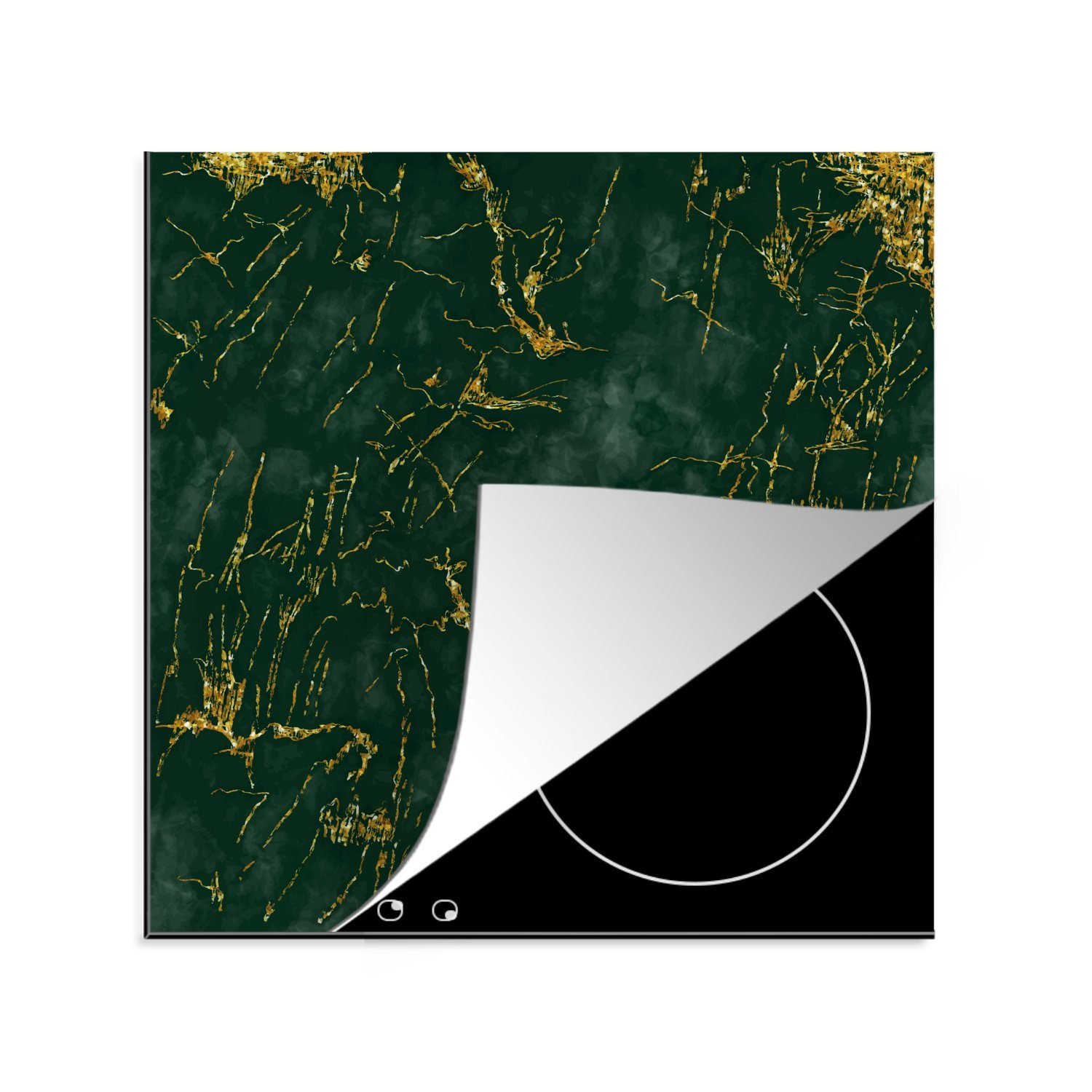 MuchoWow Herdblende-/Abdeckplatte Marmor - Smaragd - Gold, Vinyl, (1 tlg), 78x78 cm, Ceranfeldabdeckung, Arbeitsplatte für küche