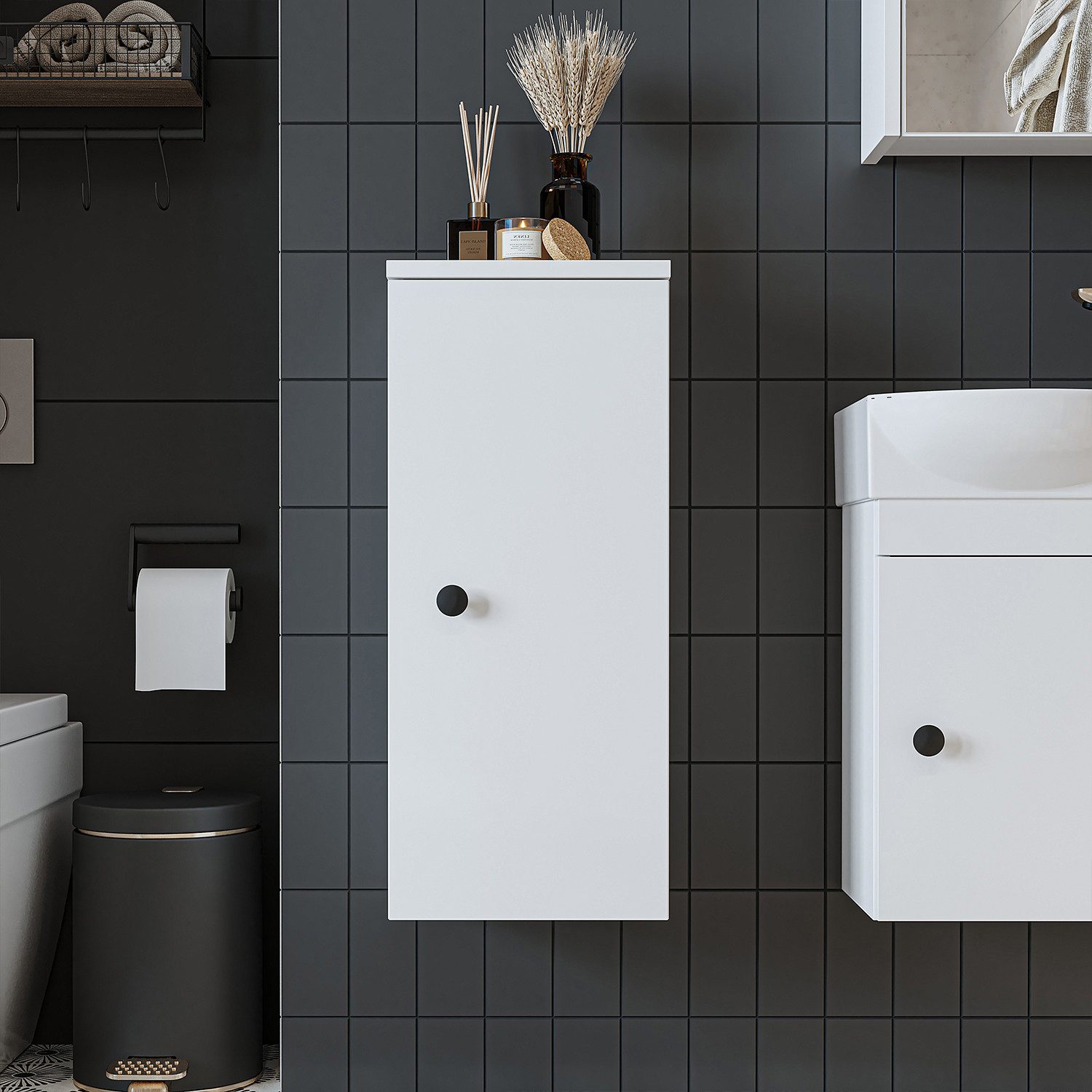 Roomart Badmöbel-Set PUNTO SET, 3-teilig – Soft-Close, Waschbecken & Seitenschrank, (Komplett-Set, Badmöbelset Unterschrank mit Waschbecken Badezimmer Möbel Gäste WC), Soft-Close, Seitenschrank, Spiegelschrank, Waschbecken