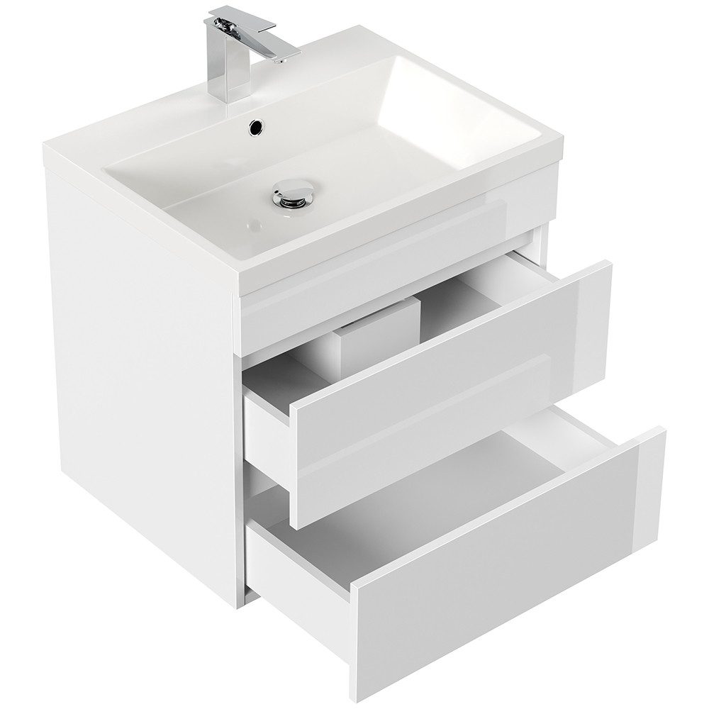 Lomadox Waschtisch FROME-02, 60 cm, hängend, weiß Hochglanz, mit 2 Schubladen