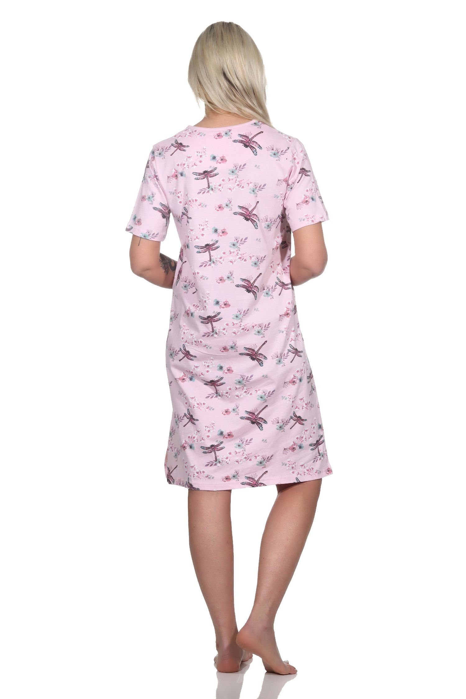Normann Nachthemd Damen kurzarm und rosa floraler Hals Nachthemd Alloverprint am Knopfleiste