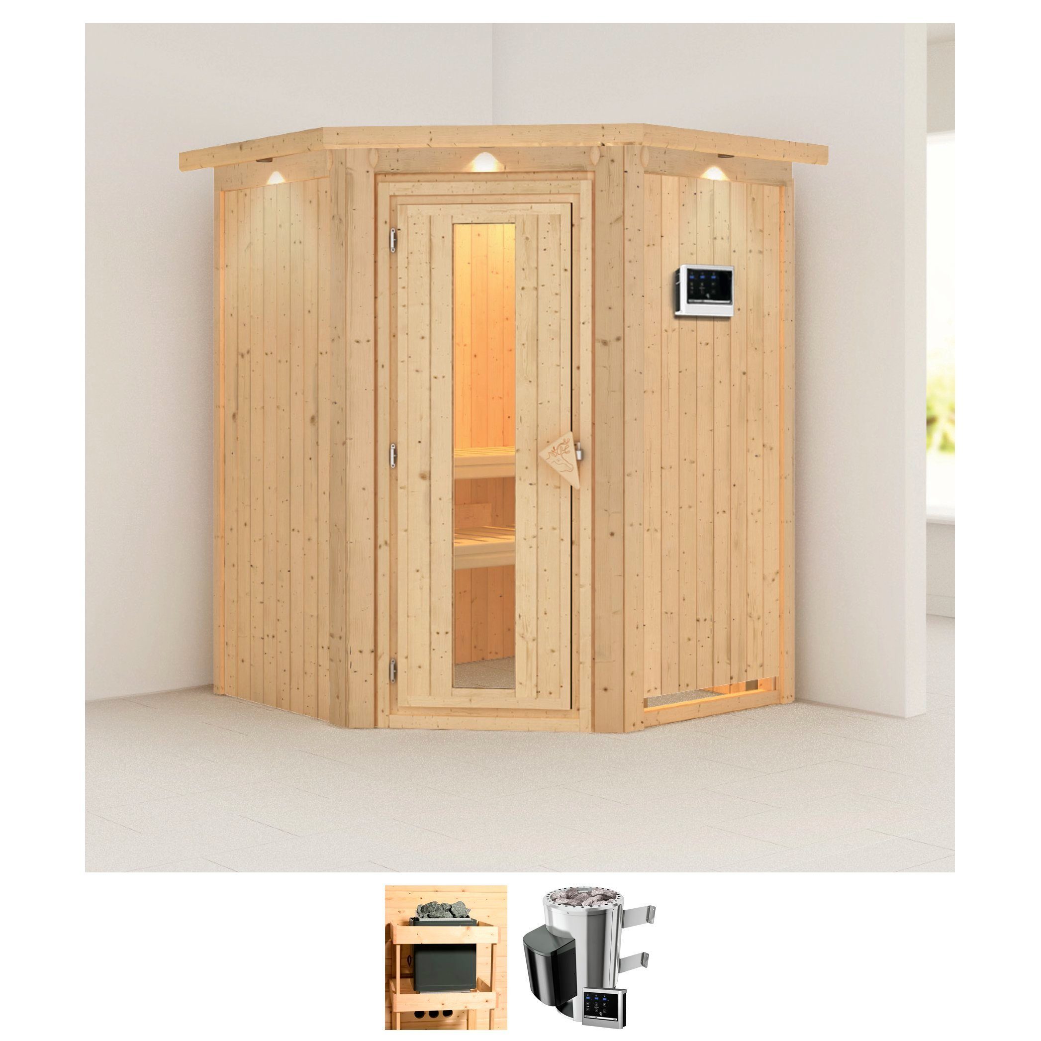 Karibu Sauna Nanna, BxTxH: 165 x 165 x 202 cm, 68 mm, (Set) Ofen 3,6 kW externe Strg.easy