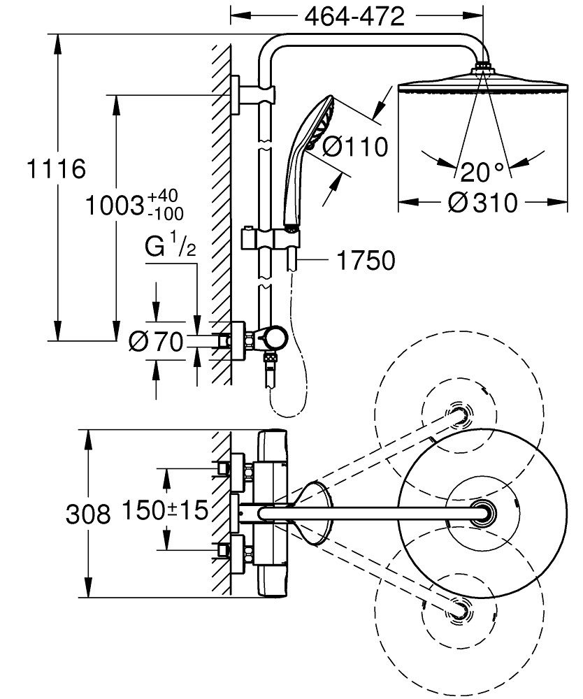 Grohe Duschsystem Vitalio Joy 310 Duschsystem, für Wandmontage, chrom (26400001)