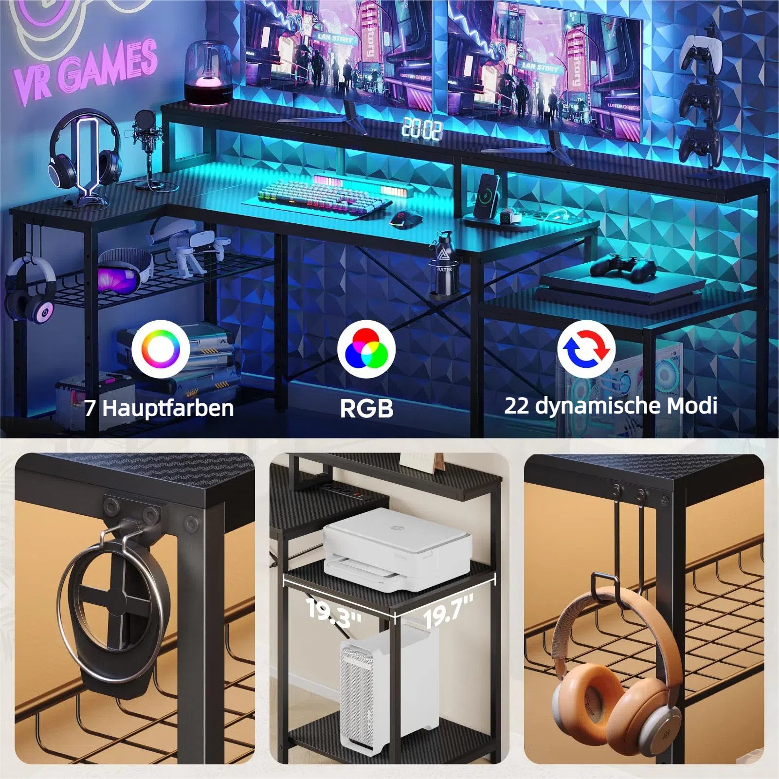 Bestier Gamingtisch 181 x 80 cm Computertisch, L-förmiger Schreibtisch (Gaming Tisch mit 3 AC-Steckdosen und 2 USB-Ladeanschlüssen, Tablett mit Ständer), Extra großer Computertisch mit großzügiger Monitorablage