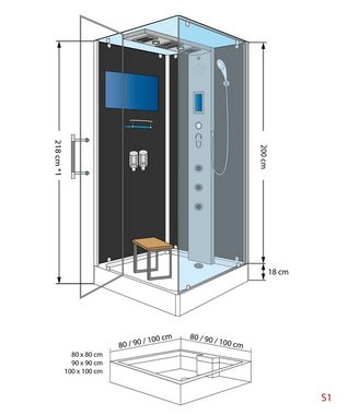 AcquaVapore Dampfdusche Dampfdusche Duschkabine D38-13R2 sw 90x90, Sicherheitsglas ESG, inklusive Duschwanne