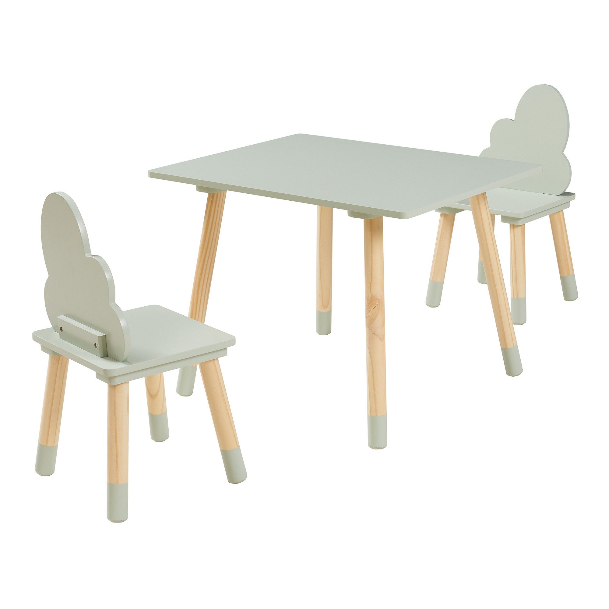 en.casa Kindersitzgruppe, (Set, 3-tlg), »Hovle« mit Wolken-Design Kiefernholz+MDF Mintgrün