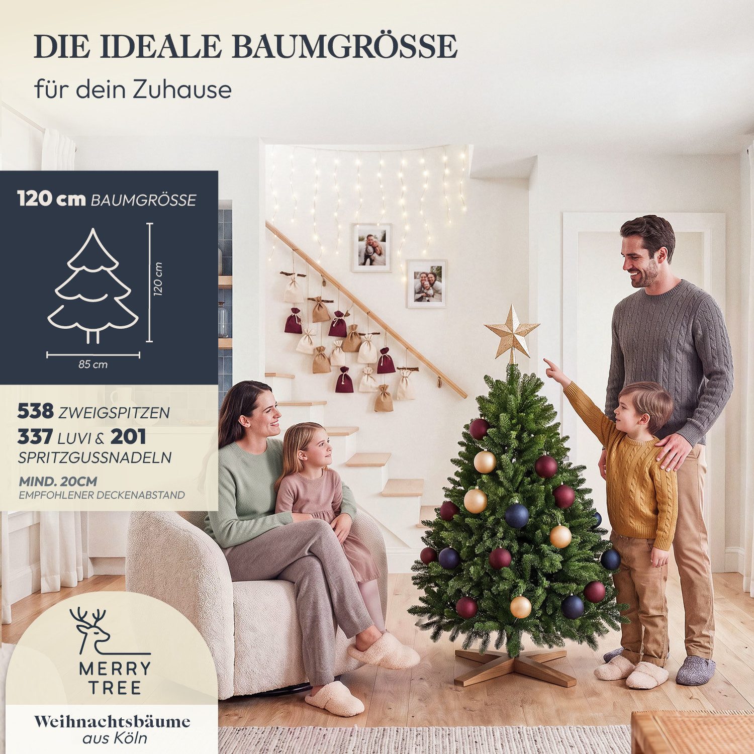 MERRY TREE Künstlicher Weihnachtsbaum Premium künstlicher Weihnachtsbaum aus naturgetreuem PVC + PE, Nordmanntanne, Spritzguss Mix mit massivem Holzfuß, mit und – Bild 4 von 5