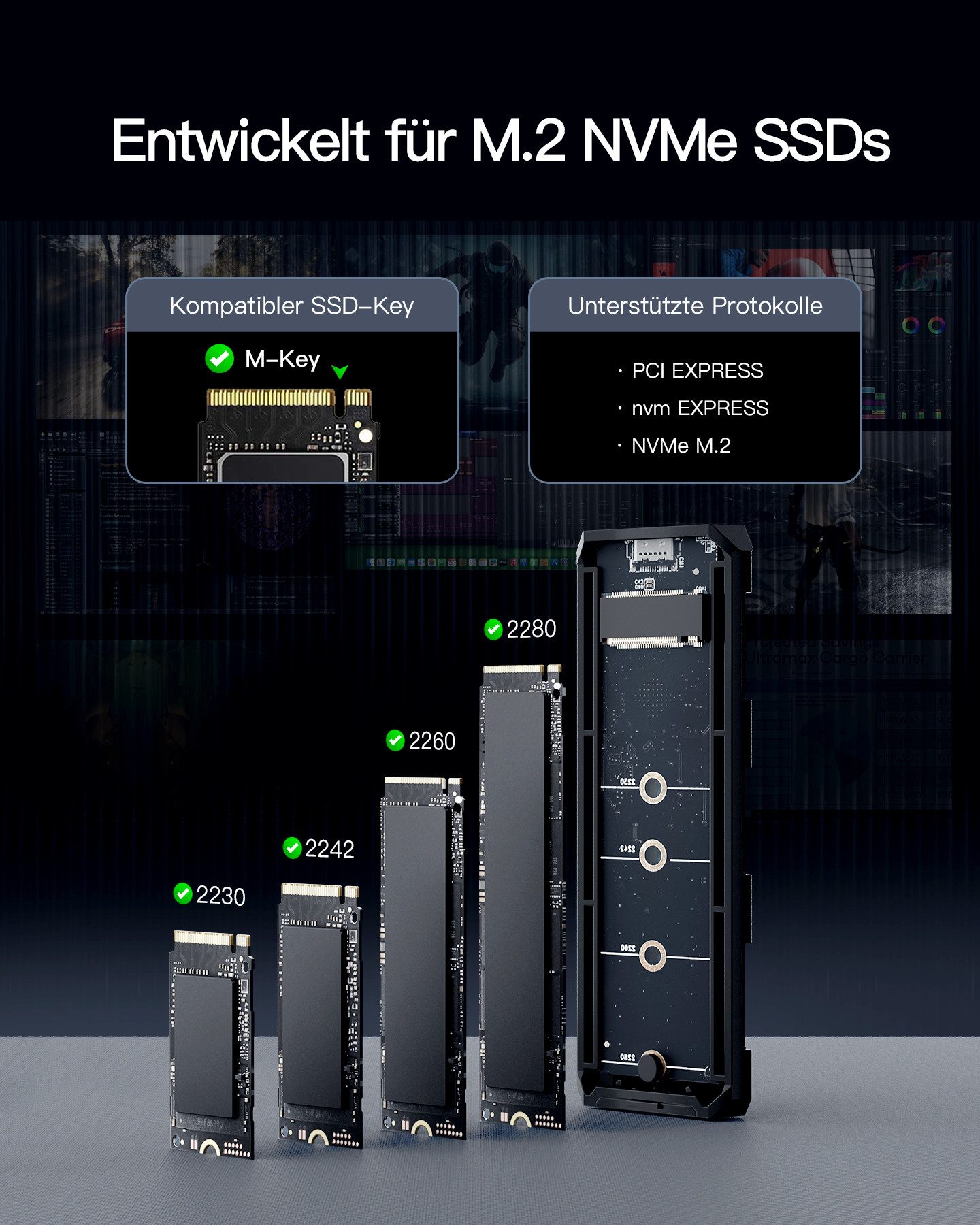Inateck Festplatten-Gehäuse RGB M.2 NVMe SATA SSD Gehäuse 10 Gbps, USB 3.2, unterstützt UASP Trim, für NVME/SATA SSDs 2230/2242/2260/2280(M Key)