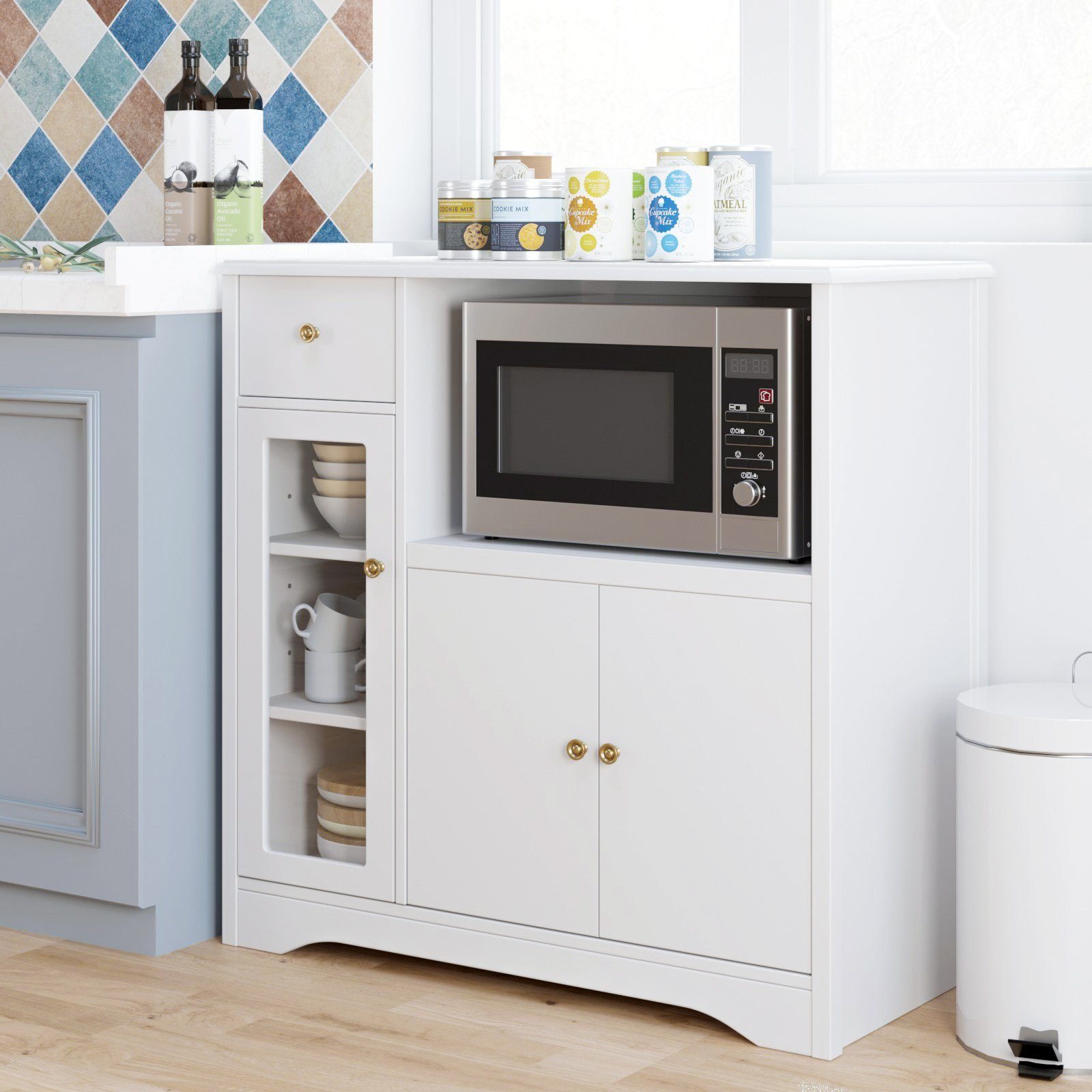 HOMECHO Buffet Küchenschrank weiß Mikrowellenregal mit Schubladen Ablagen günstig online kaufen