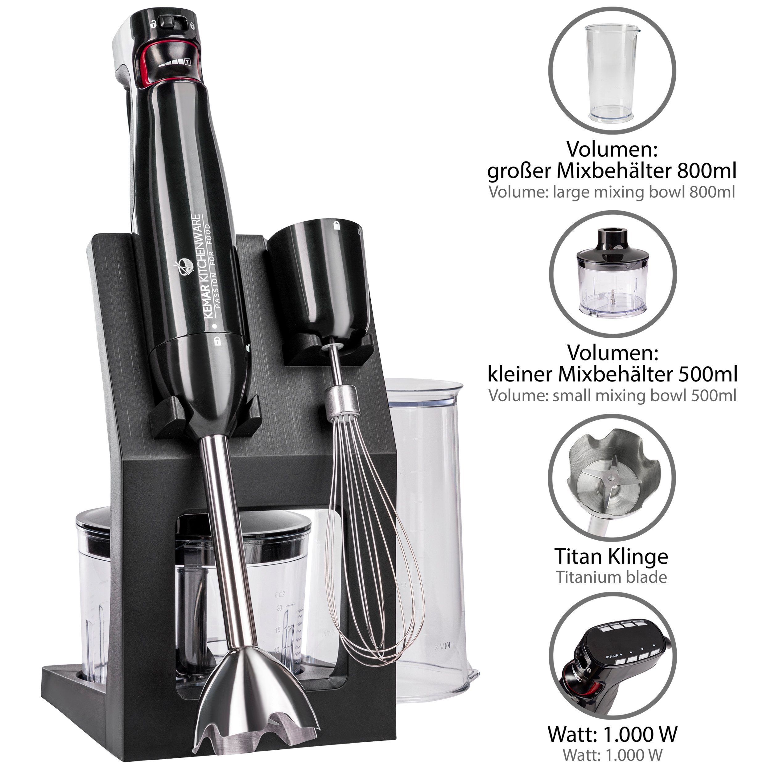 KeMar Kitchenware Stabmixer KSM-1000 Stabmixer-Set, 17.000 Aufbewahrungsständer U/min Messbecher Titan W, Klinge 1000