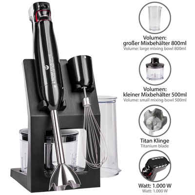 KeMar Kitchenware Stabmixer KSM-1000 Stabmixer-Set, 1000 W, 17.000 U/min Aufbewahrungsständer Messbecher Titan Klinge