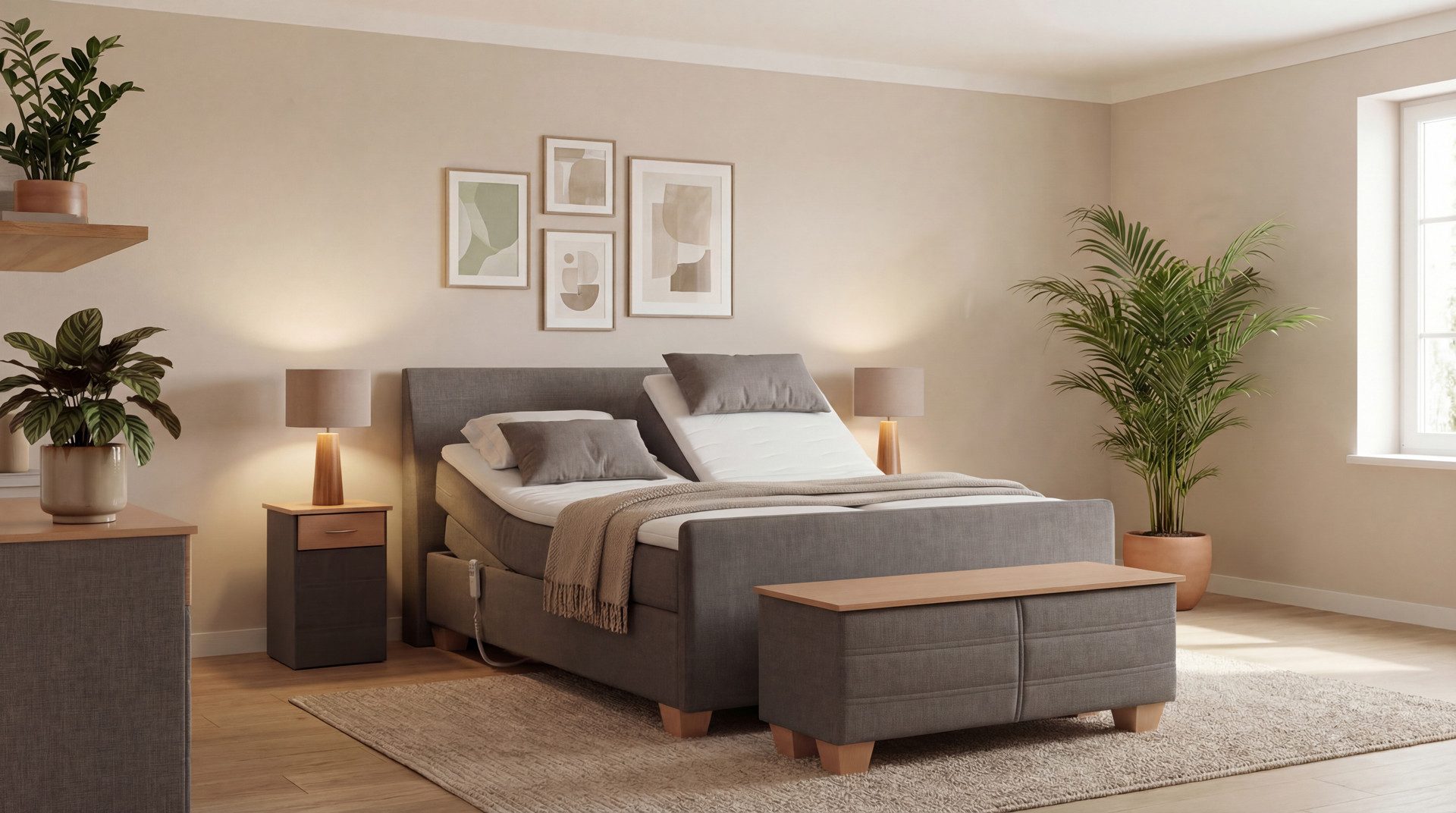 Meisterbetten Boxspringbett Syma (mit Motor, 7-Zonen Taschenfederkernmatratzen, Ergoflex), Inklusive kostenloser Lieferung und Aufbau