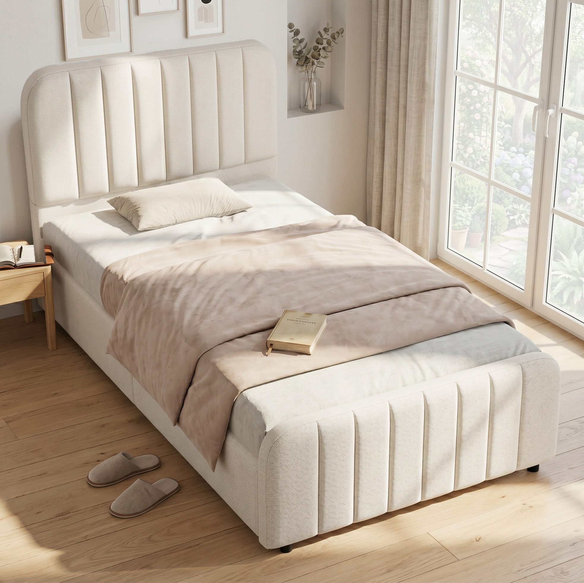 REDOM Polsterbett Design-Kinderbett – Leinenbezug & Streifenmuster (Packung, Beige, 90×200 cm, Leinen, ohne Matratze, für sicheres Schlafen), eingebettete Matratze, handgefertigte Nähte