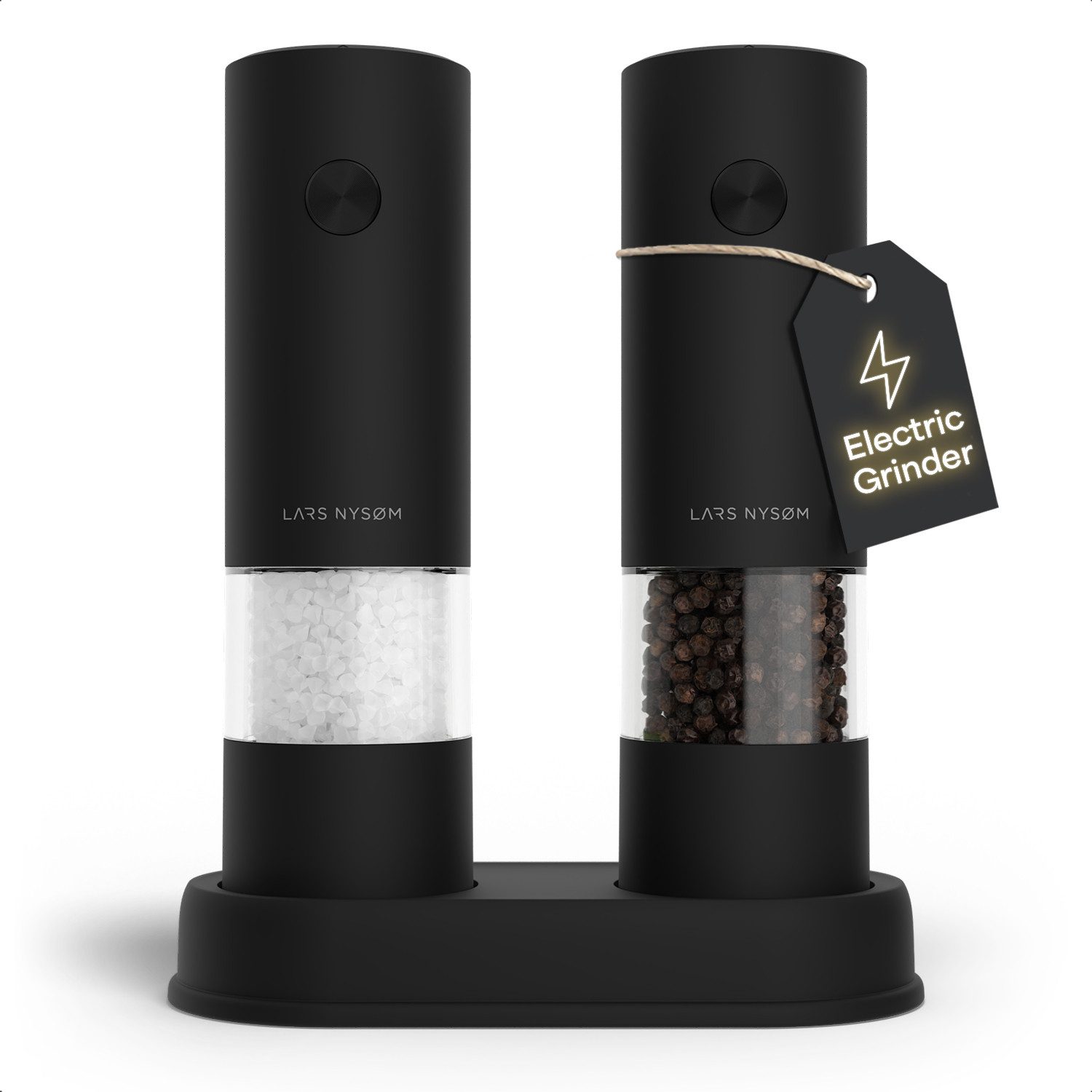 LARS NYSØM Gewürzmühle Kryd praktische Einhandbedienung per Drucktaste, (2 Stück), elektrische Salz- & Pfeffermühle mit Ständer